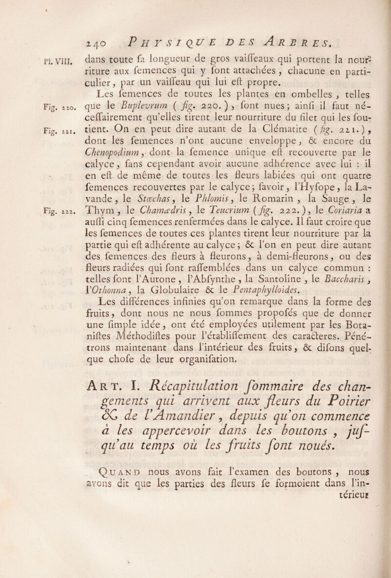 Fig. 2 20. Fig. 221. Fig. 12 2. 240 P H Y S I QU E DES ARBRES. dans toute fa longueur de gros vaiffeaux qui portent la nour¬ riture aux femences qui y font attachées ? chacune en parti¬ culier > par un vaiffeau qui lui eft propre. Les femences de toutes les plantes en ombelles , telles que le Bupievrum ( fig. 220.)? font nues; ainfi il faut né- ceffairement qu’elles tirent leur nourriture du filet qui les fou- tient. On en peut dire autant de la Clématite (h• 211.), dont les femences n’ont aucune enveloppe, & encore du Chenopodxum ? dont la femence unique eft recouverte par le calyce, fans cependant avoir aucune adhérence avec lui : il en eft de même de toutes les fleurs labiées qui ont quatre femences recouvertes par le calyce; favoir? l’Hyfope? la La¬ vande j le Stœchas, le Fhlomis, le Romarin ? la Sauge ? le Thym ? le Ckamœdris, le Teucrïum ( fig. 222.), le Coriaria a aufll cinq femences renfermées dans le calyce. Il faut croire que les femences de toutes ces plantes tirent leur nourriture par la partie qui eft adhérente au calyce; & l’on en peut dire autant des femences des fleurs à fleurons? à demi-fleurons? ou des fleurs radiées qui font raffembiées dans un calyce commun : telles font l’Aurone ? PAbfynthe ? la Santoline ? le Baccharis , VOthonna? la Globulaire ôc le Pentapfiylloides. Les différences infinies qu’on remarque dans la forme des fruits? dont nous ne nous fommes propofés que de donner une fimpîe idée ? ont été employées utilement par les Bota- niftes Méthodiftes pour Pétablilfement des caraéteres. Péné¬ trons maintenant dans l'intérieur des fruits ? & difons quel¬ que chofe de leur organifation. Art. ï. Récapitulation fommaire des chan¬ gements qui arrivent aux fleurs du Poirier SC de U Amandier, depuis quon commence à les appercevoir dans les boutons , iuf- qu du temps où les fruits font noués. Quand nous avons fait l’examen des boutons? nous avons dit que les parties des fleurs fe formoient dans Pin- térieui