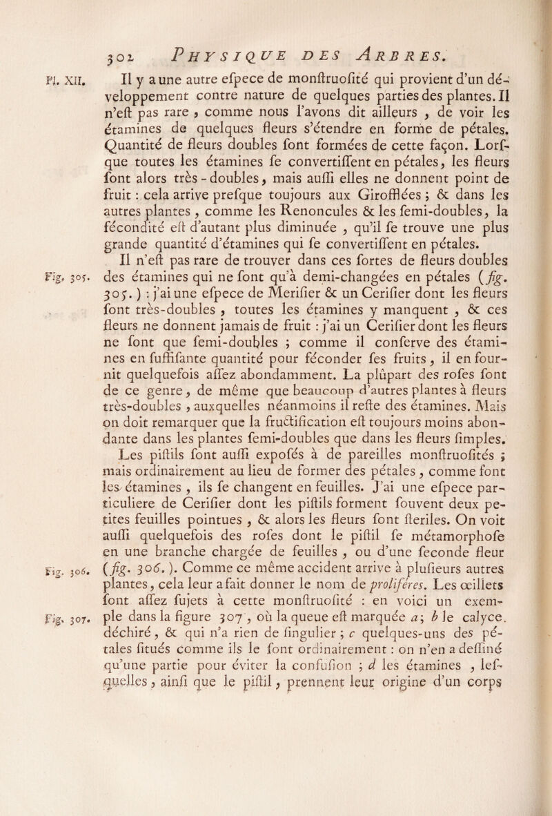 Fig. 3°?. Fig. 3oé* Fig* 1°7» 301 Physique des Arbres. veloppement contre nature de quelques partiesdesplantes.il n’eft pas rare , comme nous l’avons dit ailleurs > de voir les étamines de quelques fleurs s’étendre en forme de pétales. Quantité de fleurs doubles font formées de cette façon. Lorf- que toutes les étamines fe convertiiïent en pétales, les fleurs font alors très - doubles, mais aufli elles ne donnent point de fruit : cela arrive prefque toujours aux Girofflées ; & dans les autres plantes , comme les Renoncules ôt les femi-doubles > la fécondité eft d autant plus diminuée > qu’il fe trouve une plus grande quantité d’étamines qui fe convertiiïent en pétales. Il n’eft pas rare de trouver dans ces fortes de fleurs doubles des étamines qui ne font quà demi-changées en pétales {fig. 305*. ) : j’ai une efpece de Merifier & un Cerifier dont les fleurs font très-doubles , toutes les étamines y manquent , & ces fleurs ne donnent jamais de fruit : j’ai un Cerifier dont les fleurs ne font que femi-doubles ; comme il conferve des étami¬ nes en fufîifante quantité pour féconder fes fruits ^ il en four¬ nit quelquefois allez abondamment. La plupart des rofes font de ce genre^ de même que beaucoup d’autres plantes à fleurs très-doubles , auxquelles néanmoins il refte des étamines. Mais 011 doit remarquer que la fructification eft toujours moins abon¬ dante dans les plantes femi-doubles que dans les fleurs Amples. Les piftils font aufli expofés à de pareilles monftruofités ; mais ordinairement au lieu de former des pétales > comme font les/étamines , ils fe changent en feuilles. J'ai une efpece par¬ ticulière de Cerifier dont les piftils forment fouvent deux pe¬ tites feuilles pointues , & alors les fleurs font fteriles. On voit aufli quelquefois des rofes dont le piftil fe métamorphofe en une branche chargée de feuilles ^ ou d’une fécondé fleur ( fig. 306. ). Comme ce même accident arrive à plufieurs autres plantes, cela leur a fait donner le nom de prolifères. Les œillets font allez fujets à cette monftruoftté : en voici un exem¬ ple dans la figure 307 , 011 la queue eft marquée a\ b le calyce. déchiré, &. qui n’a rien de fingulier ; c quelques-uns des pé¬ tales fitués comme ils le font ordinairement : on n’en a defliné qu’une partie pour éviter la confufion ; d les étamines , lef- quelles 5 ainfi que le piftil, prennent leur origine d’un corps