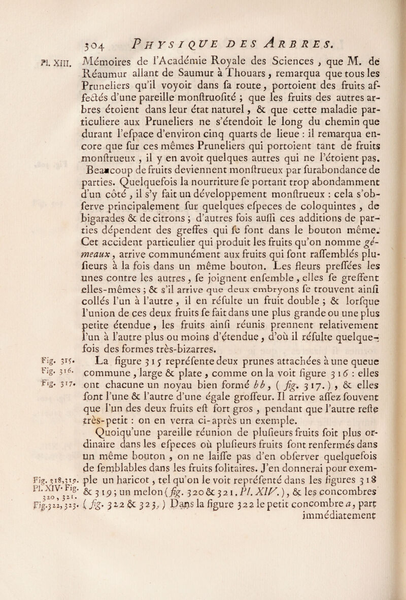 504 P H rs I QUE D ES ArB R E S. fl. XIII. Mémoires de l’Académie Royale des Sciences , que M. de Réaumur allant de Saumur à Thouars , remarqua que tous les Pruneliers qu’il voyoit dans fa route, portoient des fruits af¬ fectés d’une pareille monftruofité ; que les fruits des autres ar¬ bres étoient dans leur état naturel, & que cette maladie par¬ ticulière aux Pruneliers ne s’étendoit le long du chemin que durant l’efpace d’environ cinq quarts de lieue : il remarqua en¬ core que fur ces mêmes Pruneliers qui portoient tant de fruits monftrueux , il y en avoit quelques autres qui ne l’étoient pas. Beaucoup de fruits deviennent monftrueux par furabondance de parties. Quelquefois la nourriture fe portant trop abondamment d’un côté , il s’y fait un développement monftrueux : cela s’ob- ferve principalement fur quelques efpeces de coloquintes , de bigarades & de citrons ; d’autres fois auffi ces additions de par¬ ties dépendent des greffes qui fe font dans le bouton même* Cet accident particulier qui produit les fruits qu’on nomme gé¬ meaux 9 arrive communément aux fruits qui font raffemblés plu- fieurs à la fois dans un même bouton. Les fleurs preflees les unes contre les autres, fe joignent enfemble, elles fe greffent elles-mêmes ; & s’il arrive que deux embryons fe trouvent ainfi collés l’un à l’autre , il en réfulte un fruit double ; & lorfque l’union de ces deux fruits fe fait dans une plus grande ou une plus petite étendue , les fruits ainfi réunis prennent relativement l’un à l’autre plus ou moins d’étendue , d’où il réfulte quelque¬ fois des formes très-bizarres. Fig. 3Tï* La figure 3 1 y repréfente deux prunes attachées à une queue bjg. 316. commune /large & plate , comme on la voit figure 316 : elles F'S* 3X7* ont chacune un noyau bien formé b b, ( fig. 317.) > & elles font l’une & l’autre d’une égale groffeur. Il arrive affez fouvent que l’un des deux fruits eft fort gros , pendant que l’autre refte très-petit : on en verra ci-après un exemple. Quoiqu’une pareille réunion de plufieurs fruits foit plus or¬ dinaire dans les efpeces où plufieurs fruits font renfermés dans un même bouton , on ne laiffe pas d’en obferver quelquefois de fe.mblables dans les fruits folitaires. J’en donnerai pour exem- Fîg. 318,312. pie un haricot, tel qu'011 le voit repréfenté dans les figures 3 18 ÎqV*3 & 319; un melon (fig. 320 & 321. PL XU^. ), & les concombres piJ.3Z2,323. (fg. 312 & 3 2)f) Dans la figure 322 le petit concombres, part immédiatement