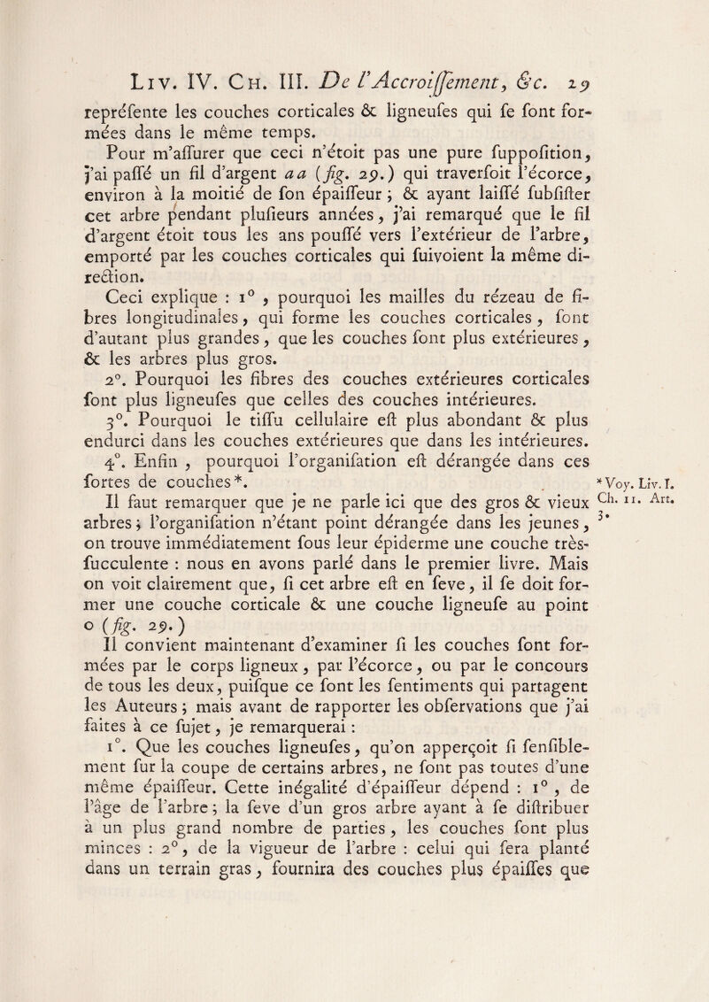 repréfente les couches corticales & ligneufes qui fe font for* mées dans le même temps. Pour m’affurer que ceci n’étoit pas une pure fuppofition, j’ai paffé un fil d’argent a a ( fig. 2p.) qui traverfoit l’écorce, environ à la moitié de fon épaiffeur ; & ayant laiflfé fubfifier cet arbre pendant plufieurs années, j’ai remarqué que le fil d’argent étoit tous les ans pouffé vers l’extérieur de l’arbre, emporté par les couches corticales qui fuivoient la même di- reêtion. Ceci explique : i° , pourquoi les mailles du rézeau de fi¬ bres longitudinales, qui forme les couches corticales , font d’autant plus grandes, que les couches font plus extérieures , & les arbres plus gros. 2°. Pourquoi les fibres des couches extérieures corticales font plus ligneufes que celles des couches intérieures. 30. Pourquoi le tiffu cellulaire efl: plus abondant & plus endurci dans les couches extérieures que dans les intérieures. 4°. Enfin , pourquoi l’organifation efl; dérangée dans ces fortes de couches*. Il faut remarquer que je ne parle ici que des gros & vieux arbres; l’organifation n’étant point dérangée dans les jeunes, on trouve immédiatement fous leur épiderme une couche très- fucculente : nous en avons parlé dans le premier livre. Mais on voit clairement que, fi cet arbre efl: en feve, il fe doit for¬ mer une couche corticale & une couche ligneufe au point O ( fig. 2j>. ) Il convient maintenant d’examiner fi les couches font for¬ mées par le corps ligneux, par l’écorce, ou par le concours de tous les deux, puifque ce font les fentiments qui partagent les Auteurs ; mais avant de rapporter les obfervations que j’ai faites à ce fujet, je remarquerai : i°. Que les couches ligneufes, qu’on apperçoit fi fenfible- ment fur la coupe de certains arbres, ne font pas toutes d’une même épaiffeur. Cette inégalité d’épaiffeur dépend : i° , de l’âge de l’arbre ; la feve d’un gros arbre ayant à fe diftribuer à un plus grand nombre de parties , les couches font plus minces : 20, de la vigueur de l’arbre : celui qui fera planté dans un terrain gras, fournira des couches plus épaiffes que * Voy. Liv. T. Ch. 11. Art. 3*