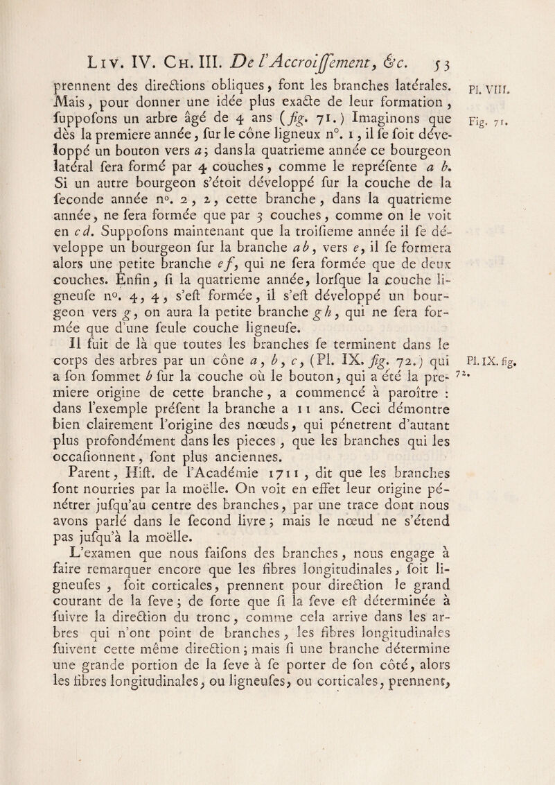 prennent des directions obliques, font les branches latérales. Mais j pour donner une idée plus exa&e de leur formation , fuppofons un arbre âgé de 4 ans (fig* 71.) Imaginons que dès la première année, fur le cône ligneux n°. 1, il fe foit déve¬ loppé un bouton vers dans la quatrième année ce bourgeon latéral fera formé par 4 couches , comme le repréfente a b„ Si un autre bourgeon s’étoit développé fur la couche de la fécondé année n°. 2 , z, cette branche , dans la quatrième année, ne fera formée que par 3 couches, comme on le voit en cd. Suppofons maintenant que la troifieme année il fe dé¬ veloppe un bourgeon fur la branche a b, vers ey il fe formera alors une petite branche ef, qui ne fera formée que de deux couches. Enfin, fi la quatrième année, lorfque la couche li- gneufe n°. 4, 4, s’ell formée, il s’eif développé un bour¬ geon vers g, on aura la petite branche gk, qui ne fera for¬ mée que d’une feule couche ligneufe. Il fuit de là que toutes les branches fe terminent dans le corps des arbres par un cône a, b, c, (PI. IX. fig. 72.) qui a fon fommet b fur la couche 011 le bouton, qui a été la pre¬ mière origine de cette branche, a commencé à paroître : dans l’exemple préfent la branche a 11 ans. Ceci démontre bien clairement l'origine des nœuds, qui pénètrent d’autant plus profondément dans les pièces , que les branches qui les occafionnent, font plus anciennes. Parent, Hift. de l’Académie 1711 , dit que les branches font nourries par la moelle. On voit en effet leur origine pé¬ nétrer jufqu’au centre des branches, par une trace dont nous avons parlé dans le fécond livre ; mais le nœud ne s’étend pas jufqu’à la moelle. L’examen que nous faifons des branches, nous engage à faire remarquer encore que les fibres longitudinales, foit li- gneufes , foit corticales, prennent pour direction le grand courant de la feve ; de forte que fi la feve efi déterminée à fuivre la direâion du tronc, comme cela arrive dans les ar¬ bres qui n’ont point de branches , les fibres longitudinales fuivent cette même direction, mais fi une branche détermine une grande portion de la feve à fe porter de fon côté, alors les fibres longitudinales, ou ligneufes, ou corticales, prennent, Pi. VIIL Fig. Pi. IX. fig. 72.