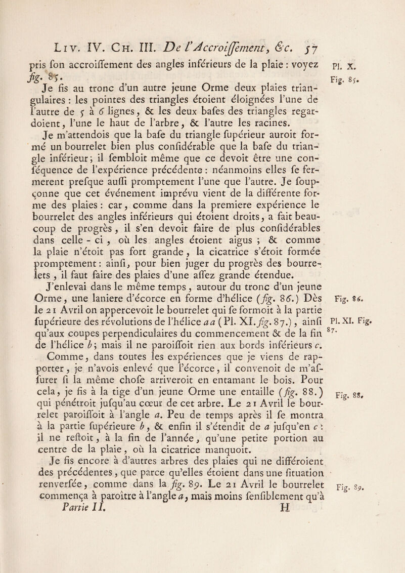 pris fon accroiffement des angles inférieurs de la plaie : voyez fig- Je fis au tronc d’un autre jeune Orme deux plaies trian¬ gulaires : les pointes des triangles étoient éloignées Tune de Fautre de 5' à d lignes, & les deux bafes des triangles regar- doient, l’une le haut de l’arbre , & l’autre les racines. Je m’attendois que la bafe du triangle fupérieur auroit for¬ mé un bourrelet bien plus confidérable que la bafe du trian¬ gle inférieur; il fembloit même que ce devoit être une con« féquence de l’expérience précédente : néanmoins elles fe fer¬ mèrent prefque aufii promptement l’une que l’autre. Je foup- conne que cet événement imprévu vient de la différente for¬ me des plaies : car, comme dans la première expérience le bourrelet des angles inférieurs qui étoient droits , a fait beau¬ coup de progrès , il s’en devoit faire de plus confidérables dans celle - ci , où les angles étoient aigus ; & comme la plaie n’étoit pas fort grande , la cicatrice s’étoit formée promptement: ainfi, pour bien juger du progrès des bourre¬ lets , il faut faire des plaies d’une affez grande étendue. J’enlevai dans le même temps, autour du tronc d’un jeune Orme, une laniere d’écorce en forme d’hélice (jîg. 86.) Dès le 21 Avril on appercevoit le bourrelet qui fe formoit à la partie fupérieure des révolutions de l’hélice a a ( PI. XI. jîg. 87.), ainfi qu’aux coupes perpendiculaires du commencement & de la fin de l’hélice b ; mais il ne paroiffoit rien aux bords inférieurs c. Comme, dans toutes les expériences que je viens de rap¬ porter , je n’avois enlevé que l’écorce, il convenoit de m’af- furer fi la même chofe arriveroit en entamant le bois. Pour cela, je fis à la tige d’un jeune Orme une entaille (jïg. 88.) qui pénétroit jufqu’au cœur de cet arbre. Le 21 Avril le bour¬ relet paroiffoit à l’angle a. Peu de temps après il fe montra à la partie fupérieure b, & enfin il s’étendit de a jufqu’en c : il ne reftoit, à la fin de l’année, qu’une petite portion au centre de la plaie, où la cicatrice manquoit. Je fis encore à d’autres arbres des plaies qui ne différoient des précédentes, que parce qu’elles étoient dans une fituation renverfée, comme dans la jîg. 8p. Le 21 Avril le bourrelet commença à paroître à l’angle æ, mais moins fenfiblement qu’à Partie IL H PL X. Fig. 8*. Fig. PI. Xï. Fige 87. Fig. 8S, Fig. Sp.