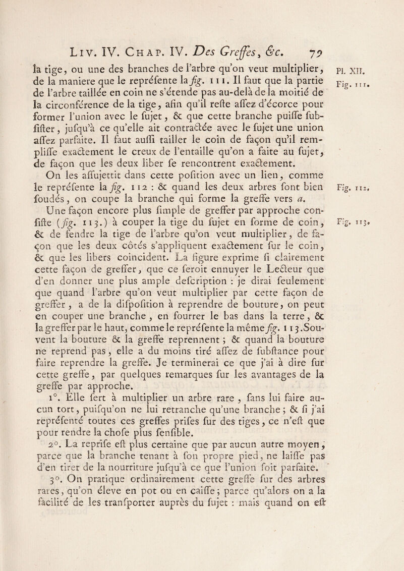 la tige, ou une des branches de l’arbre qu’on veut multiplier, pj xil. de la maniéré que le repréfente la fig. 111. Il faut que la partie Fj>< Iîî# de l’arbre taillée en coin ne s’étende pas au-delà de la moitié de la circonférence de la tige, afin qu’il refte allez d’écorce pour former l’union avec le fujet, & que cette branche puiffe hab¬ iliter ? jufqu’à ce qu’elle ait contrariée avec le fujet une union, affez parfaite. Il faut auffi tailler le coin de façon qu’il rem¬ pli fie exactement le creux de l’entaille qu’on a faite au fujet, de façon que les deux liber fe rencontrent exactement. On les affujettit dans cette pofition avec un lien, comme le repréfente la fig. 112 : & quand les deux arbres font bien F Ig. m, foudés, on coupe la branche qui forme la greffe vers a. Une façon encore plus (Impie de greffer par approche con¬ fiée (fig. îi3.) à couper la tige du fujet en forme de coin, Fig. 113. & de fendre la tige de l’arbre qu’on veut multiplier, de fa¬ çon que les deux côtés s’appliquent exactement fur le coin, & que les libers coincident. La figure exprime fi clairement cette façon de greffer, que ce ferait ennuyer le LeCteur que d’en donner une plus ample defcription : je dirai feulement que quand l’arbre qu’on veut multiplier par cette façon de greffer , a de la difpoficion à reprendre de bouture, on peut en couper une branche , en fourrer le bas dans la terre, Ôc la greffer par le haut, comme le repréfente la même fig. 113 .Sou¬ vent la bouture & la greffe reprennent ; & quand la bouture ne reprend pas, elle a du moins tiré affez de fubftance pour faire reprendre la greffe. Je terminerai ce que j’ai à dire fur cette greffe, par quelques remarques fur les avantages de la greffe par approche. i°. Elle fert à multiplier un arbre rare , fans lui faire au¬ cun tort, puifqu’on ne lui retranche qu’une branche; & fi j’ai repréfenté toutes ces greffes prifes fur des tiges, ce n’efi: que pour rendre la chofe plus fenfible. 20. La reprife eft plus certaine que par aucun autre moyen, parce que la branche tenant à fon propre pied, ne laide pas d’en tirer de la nourriture jufqu’à ce que l’union foit parfaite. 30. On pratique ordinairement cette greffe fur des arbres raies, qu’on éleve en pot ou en caiffe; parce qu’alors on a la facilité de les tranfporter auprès du fujet : mais quand on eft