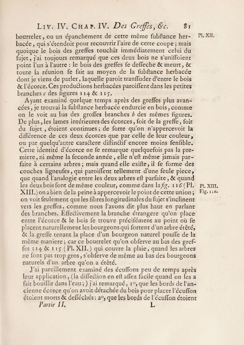 bourrelet, ou un épanchement de cette même fubftance her¬ bacée , qui s’étendoit pour recouvrir Faire de cette coupe ; mais quoique le bois des greffes touchât immédiatement celui du fujet, j’ai toujours remarqué que ces deux bois ne s’uniffoient point l’un à l’autre : le bois des greffes fe deffeche & meurt, & toute la réunion fe fait au moyen de la fubftance herbacée dont je viens de parler, laquelle paroît tranffuder d’entre le bois & l’écorce. Ces productions herbacées parodient dans les petites branches c des figures 114 & 115*. Ayant examiné quelque temps après des greffes plus avan¬ cées, je trouvai la fubftance herbacée endurcie en bois, comme on le voit au bas des groffes branches b des mêmes figures. De plus, les lames intérieures des écorces, foit de la greffe, foit du fujet , étoient continues ; de forte qu’on n’appercevoit la différence de ces deux écorces que par celle de leur couleur, ou par quelqu’autre caraêlere diftinêtif encore moins fenfible* Cette identité d’écorce ne fe remarque quelquefois pas la pre- miere, ni même la fécondé année, elle n’eft même jamais par¬ faite à certains arbres; mais quand elle exiffe, il fe forme des couches ligneufes, qui paroiffent tellement d’une feule piece, que quand l’analogie entre les deux arbres efl parfaite, & quand les deux bois font de même couleur, comme dans la fig. ii6(P1. on voit feulement que les fibres longitudinales du fujet s’inclinent vers les greffes, comme nous l’avons dit plus haut en parlant des branches. Effectivement la branche étrangère qu’on place entre l’écorce ôe le bois fe trouve précifément au point où fe placent naturellement les bourgeons qui fortent d’un arbre étêté, & la greffe tenant la place d’un bourgeon naturel pouffe de la même maniéré; car ce bourrelet qu’on obferve au bas des gref¬ fes 114 ôe 1 ij (PI. XII. ) qui couvre la plaie, quand les arbres ne font pas trop gros, s’obferve de même au bas des bourgeons naturels d’un arbre qu’on a étêté. J’ai pareillement examiné des écuffons peu de temps après leur application, (la diffeSion en eft affez facile quand on les a fait bouillir dans l’eau ; ) j'ai remarqué, 1 °, que les bords de f an¬ cienne écorce qu’on avoit détachée du bois pour placer l’écuffon étoient morts 6e defTéçhés : 2°P que les bords de Fécuffon étoient Partie IL L Pi. XII. PL XIII.