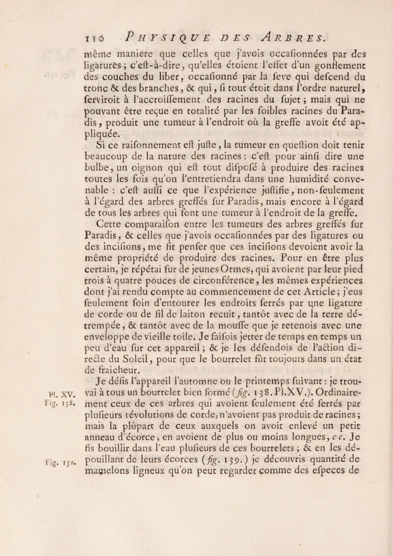 même maniéré que celles que j’avois occafionnées par des ligatures; c’eft-à-dire, qu’elles étoient l'effet d’un gonflement des couches du liber, occafionné par la feve qui defcend du tronc & des branches, & qui, fi tout étoit dans l’ordre naturel, ferviroit à Paccroiflement des racines du fujet ; mais qui ne pouvant être reçue en totalité par les foibles racines du Para¬ dis , produit une tumeur à l’endroit ou la greffe avoit été ap¬ pliquée. Si ce raifonnement eft jufte, la tumeur en queftion doit tenir beaucoup de la nature des racines : c’eft pour ainfi dire une bulbe, un oignon qui eft tout difpcfé à produire des racines toutes les fois qu’on l’entretiendra dans une humidité conve¬ nable : c’eft auffi ce que l’expérience juftifie, non-feulement à l’égard des arbres greffés fur Paradis, mais encore à l’égard de tous les arbres qui font une tumeur à l’endroit de la greffe. Cette comparaifon entre les tumeurs des arbres greffés fur Paradis, & celles que j’avois occafionnées par des ligatures ou des incifions, me fit penfer que ces incifions dévoient avoir la même propriété de produire des racines. Pour en être plus certain, je répétai fur de jeunes Ormes, qui avoient par leur pied trois à quatre pouces de circonférence, les mêmes expériences dont j’ai rendu compte au commencement de cet Article ; j’eus feulement foin d’entourer les endroits ferrés par une ligature de corde ou de fil de laiton recuit, tantôt avec de la terre dé¬ trempée, & tantôt avec de la mouffe que je retenois avec une enveloppe de vieille toile. Je faifois jetter de temps en temps un peu d’eau fur cet appareil ; & je les défendois de l’àêlion di¬ recte du Soleil, pour que le bourrelet fût toujours dans un état de fraîcheur. Je défis l’appareil l’automne ou le printemps fuivant : je trou- PL XV. vai à tous un bourrelet bien formé {fig. i 38. Fl.XV.). Ordinaire- fîg* ment ceux de ces arbres qui avoient feulement été ferrés par plufieurs révolutions de corde, n’avoient pas produit déracinés; mais la plupart de ceux auxquels on avoit enlevé un petit anneau d’écorce, en avoient de plus ou moins longues, ce. Je fis bouillir dans l’eau plufieurs de ces bourrelets ; & en les dé- Fig. 139. pouillant de leurs écorces ( fig. 139.) je découvris quantité de mamelons ligneux qu’on peut regarder comme des efpeces de