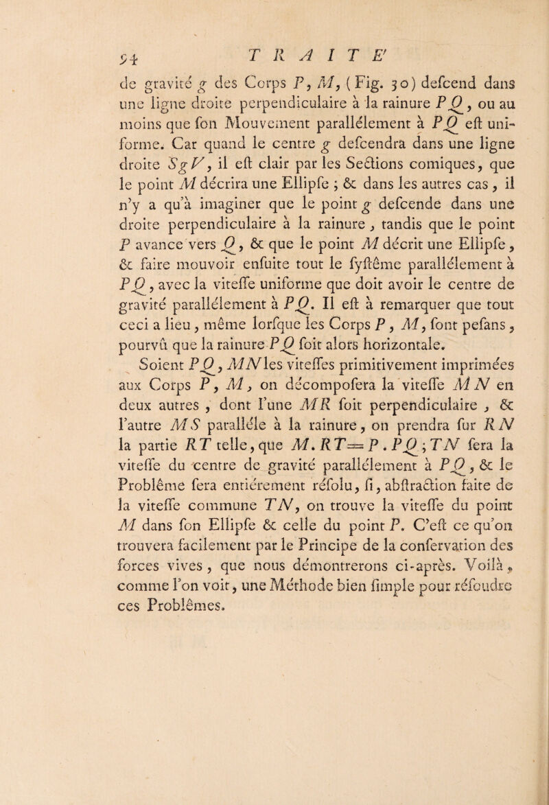 S4 de gravité g des Corps P, M, (Fig. 30) defcend dans une ligne droite perpendiculaire à la rainure PO^, ou au moins que fon Mouvement parallèlement à P 0^ eft uni¬ forme. Car quand le centre g defcendra dans une ligne droite SgV, il eft clair parles Sedions comiques, que le point M décrira une Ellipfe ; & dans les autres cas , il n7y a quà imaginer que le point g defcende dans une droite perpendiculaire à la rainure, tandis que le point P avance vers J9, & que le point M décrit une Ellipfe, & faire mouvoir enfuite tout le fyfcême parallèlement à PO , avec la viteffe uniforme que doit avoir le centre de gravité parallèlement à PQ. Il eft à remarquer que tout ceci a lieu, même lorfque les Corps P, A4, font pefans , pourvu que la rainure P^2 foit alors horizontale. Soient PO^, MNles viteffes primitivement imprimées aux Corps P, M> on décompofera la viteffe Ai N en deux autres , dont Tune AIR foit perpendiculaire , & Fautre MS parallèle à la rainure, on prendra fur R N la partie RT telle, que M. RT= P . PO^^TN fera la viteffe du centre de gravité parallèlement à PC^, & le Problème fera entièrement refoîu, fi, abftradion faite de la viteffe commune TiV, on trouve la viteffe du point A4 dans fon Ellipfe & celle du point P. C?eft ce qu'on trouvera facilement parle Principe de la confervation des forces vives, que nous démontrerons ci-après. Voilà * comme Fon voit, une Méthode bien fimple pour réfoudre ces Problèmes.