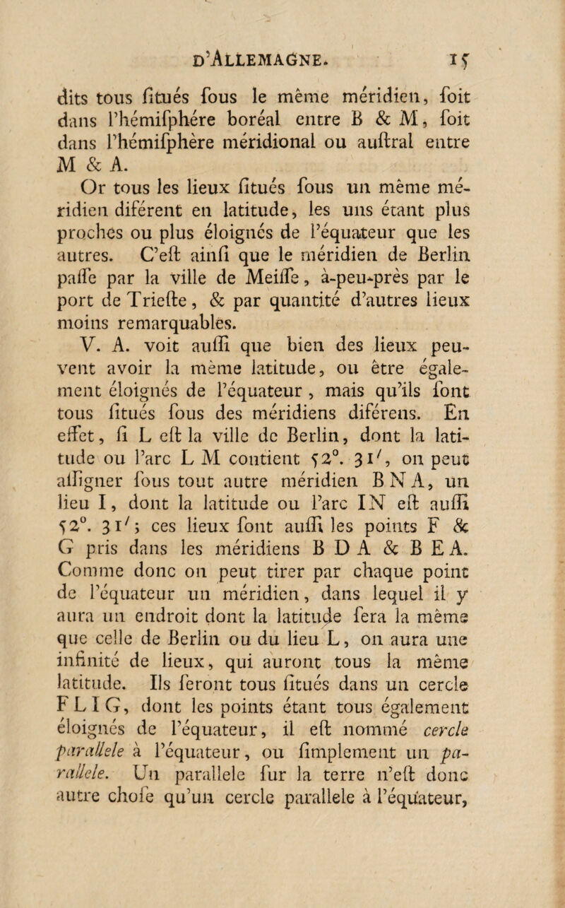 dits tous fitués fous le même méridien, foit dans l’hémifphére boréal entre B & M, foit dans fhémifphère méridional ou auftral entre M & A. Or tous les lieux fitués fous un même mé¬ ridien diférent en latitude, les uns étant plus proches ou plus éloignés de Péquateur que les autres. C’eft ainfi que le méridien de Berlin paffe par la ville de Meiffe, à-peu-près par le port deTriefte, & par quantité d’autres lieux moins remarquables. V. A. voit auffi que bien des lieux peu¬ vent avoir la même latitude, ou être égale¬ ment éloignés de Péquateur , mais qu’ils font tous litués fous des méridiens diférens. En effet, fi L eft la ville de Berlin, dont la lati¬ tude ou Parc L M contient f2°. 317, on peut alligner fous tout autre méridien B N A, un lieu I, dont la latitude ou Parc IN eft auffi j2°. 317 ; ces lieux font auffi les points F 8c G pris dans les méridiens B DA & BEA. Comme donc on peut tirer par chaque point de Péquateur un méridien, dans lequel il y aura un endroit dont la latitude fera la même que celle de Berlin ou du lieu L, on aura une infinité de lieux, qui auront tous la même latitude. Ils feront tous fitués dans un cercle FL IG, dont les points étant tous également éloignés de Péquateur, il eft nommé cercle parallèle à Péquateur, ou fimplement un pa¬ rallèle. (Jn parallèle fur la terre n’eft donc autre choie qu’un cercle parallèle à Péquateur,