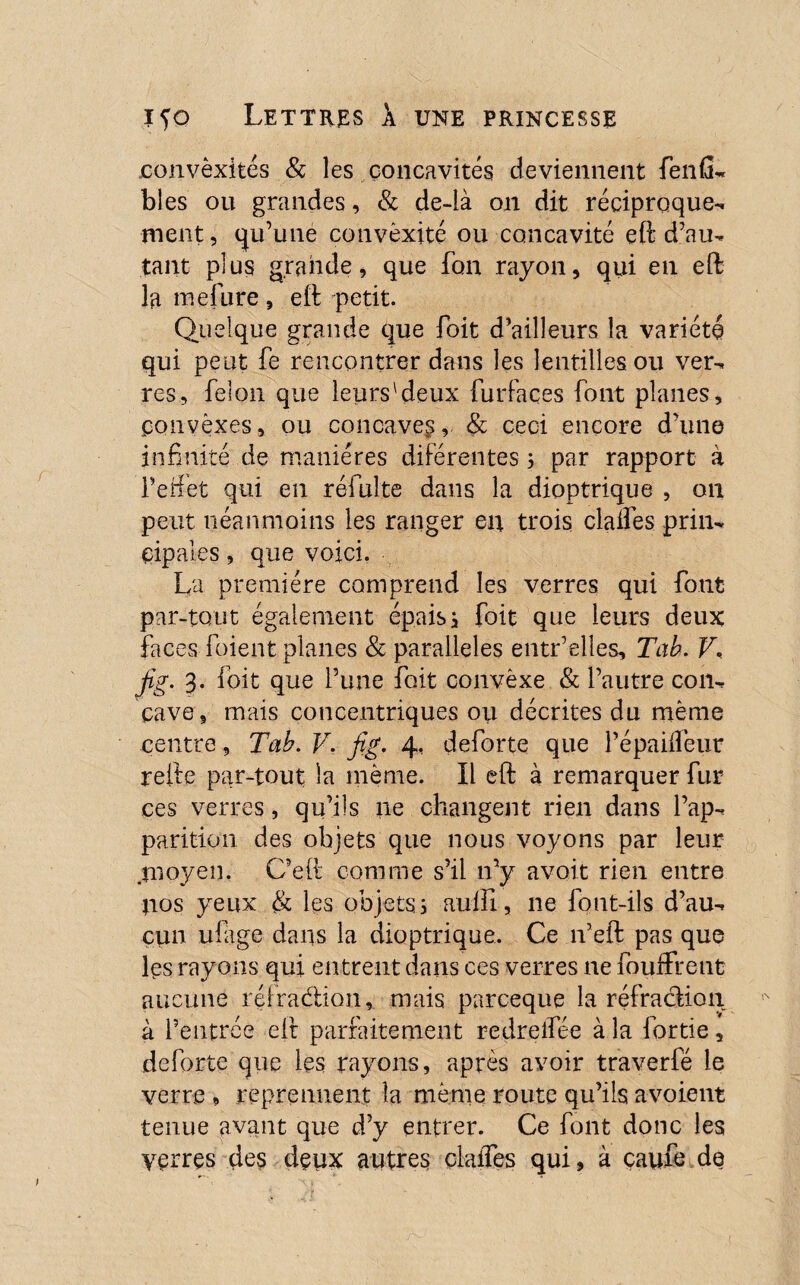 jconvèxités & les concavités deviennent fenfi- blés ou grandes, & de-là on dit réciproque-. ment, qu’une convexité ou concavité eft d’au¬ tant plus grande, que fon rayon, qui en eft la mefure, eft petit. Quelque grande que Toit d’ailleurs la variété qui peut fe rencontrer dans les lentilles ou ver¬ res, félon que leurs1 deux furfaces font planes, convexes, ou concaves, & ceci encore d’une infinité' de manières diférentes j par rapport à i’edet qui en réfulte dans la dioptrique , on peut néanmoins les ranger en trois dalles prin¬ cipales , que voici, La première comprend les verres qui font par-tout également épais, foit que leurs deux faces foient planes & parallèles entr’elles, Tab. V, jig. 3. foit que l’une foit convêxe & l’autre con¬ cave, mais concentriques ou décrites du même centre, Tab. V. fig. 4, deforte que l’épailfeur refte par-tout la même. Il eft à remarquer fur ces verres, qu’ils ne changent rien dans l’ap¬ parition des objets que nous voyons par leur .moyen. C’eit comme s’il 11’y avait rien entre nos yeux & les objets ; aufll, ne font-ils d’au¬ cun ufage dans la dioptrique. Ce n’eft pas que les rayons qui entrent dans ces verres ne fouffrent aucune réfraétion, mais parceque la réfraction à l’entrée eft parfaitement redrelfée à la lbrtie, deforte que les rayons, après avoir traverfé le verre , reprennent la même route qu’ils avoient tenue avant que d’y entrer. Ce font donc les verres ç|e$ deux autres claifes qui, à çayfe de