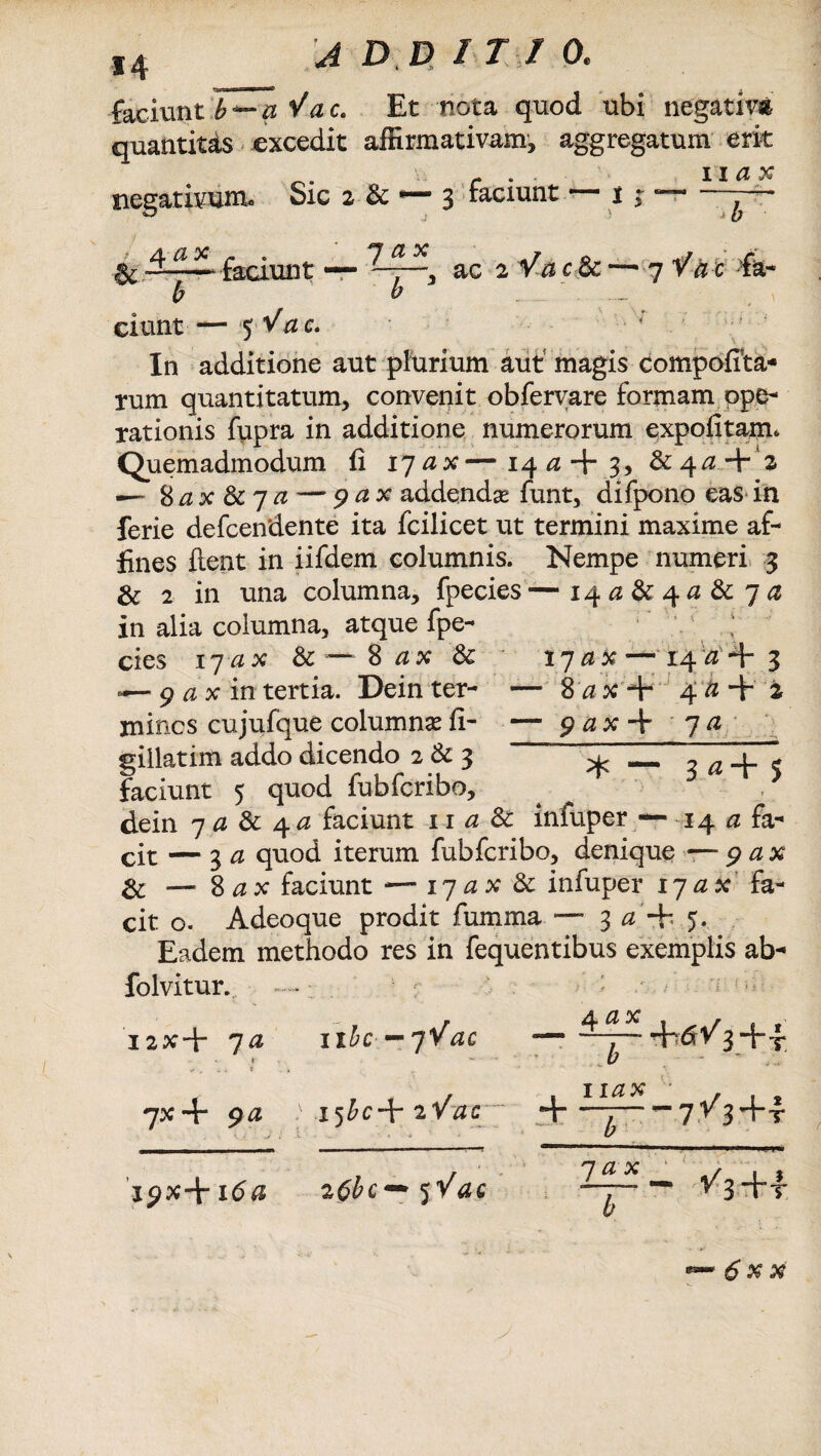 faciuntbVac. Et nota quod ubi negativa quantitas excedit affirmativam, aggregatum erk negativum. Sic 2 & *— 3 f&ciunt * 11 a x i > b c fa- —faciunt — , ac 2 Yac&c — 7 £ b eiunt— 5 Vac. In additione aut plurium aut magis compolita- rum quantitatum, convenit obfervare formam ope¬ rationis fupra in additione numerorum expolitam. Quemadmodum li ijax—140+3, &4^+ 2 —~ 8 0 x & 7 0 — 9&x addendas funt, difpono eas in ferie defeendente ita fcilicet ut termini maxime af¬ fines lient in iifdem columnis. Nempe numeri 3 & 2 in una columna, fpecies — 140&40&70 in alia columna, atque fpe¬ cies 17 a x & -— 8 ax Sc — 9 a x in tertia. Dein ter¬ mines cujufque columnas li- gillatim addo dicendo 2 & 3 faciunt 5 quod fubfcribo. • > 17 ax —14 a + 3 — 8 ax + 4 ti + 2 — 9 a x + 7 a * — 3 * + $ dein 7 a & 4 a faciunt 11 a & infuper —- 14 a fa¬ cit — 3 a quod iterum fubfcribo, denique — 9 a x & — 8 ax faciunt *— 170x & infuper 17ax fa¬ cit o. Adeoque prodit fumma — 30+5. Eadem methodo res in fequentibus exemplis ab- folvitur. 12X + 70 ^ , ,» 1 7X+ 90 ilbc —qVac 15 £c + 2 Vuc - +<S/3+i + i iax 7V3+T q ax - ^3+ j T 6 x x