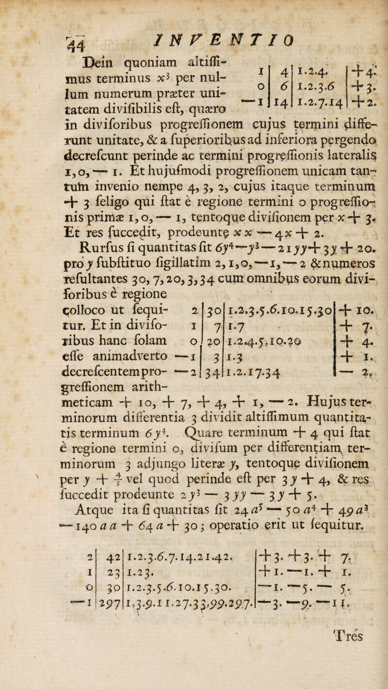 r E N T / I 4 1.2.4. 0 <5 1.2.3.6 I 14 x.2.7.14 + 4* + 3. + 2« Bein quoniam altiffi- mus terminus x* per nul¬ lum numerum praster uni- ~ tatern divifibilis eft, quaero in diviforibus progreffionem cujus termini diffe¬ runt unitate, & a fuperiorihus ad inferiora pergendo decrefcunt perinde ac termini progreffionis lateralis i,o, — 1. Et hujufmodi progrefiionem unicam tan- tufti invenio nempe 4, 3, 2, cujus itaque terminum ■+ 3 feligo qui fiat e regione termini o progrefiioi nis primae 1,0,— 1, tentoque divifionem perxff- 3. Et res fuccedit, prodeunt^ x x — 4% + 2. Rurfus fi quantitas fit 6y*~~yl— 2177+ 37 4“ 20. pro 7 fubftituo figillatim 2, i,o, — 1, — 2 & numeros refultantes 30,7,20,3,34 cum omnibus eorum divi¬ foribus e regione colloco ut fequi- tur. Et in divifo¬ ribus hanc folam effe animadverto —x decrefcentem pro- greffionem arith¬ meticam *+ io, + 7, + 4, + 1, —2. .Hujus ter¬ minorum differentia 3 dividit altiflimum quantita- tis terminum 6y4. Quare terminum + 4 qui fiat e regione termini o, divifum per differentian^ ter¬ minorum 3 adjungo Ii terse yy tentoque divifionem per 7 + y vel quod perinde eft per 37 + 4, & res fuccedit prodeunte 2 75 — 3 77 37 + 5« Atque ita fi quantitas fit 24^ —* 50 a* + 49a* 140 a a + 64 a + 30; operatio erit ut {equitur. + 3* +3. + 7. + 1. — 1. + x» 1* ~5- 5- -“3 2 30 1.2.3.5.6.10.15.50 1 7 r-7 o( 20 1.2^5.Ip.^o — X 3 — 2 34 1.2.17.34 db 10. + 7* + 4- + ' 1 2 a 2 42 1.2.3.6.7.14.21.42. 1 23 x.23. 0 30 1.2.3.5.6.10.15.30. 1 297 1.27.33,^.2^7. Tres