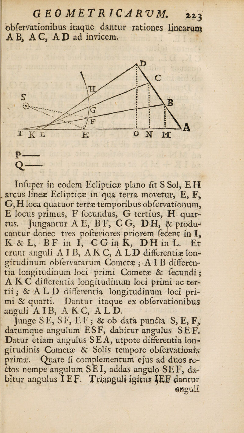 obfervationibus itaque dantur rationes linearum AB, AC, AD ad invicem. Q Infuper in eodem Ecliptica plano fit S Sol, E H . arcus lineae Ecliptica: in qua terra movetur. E, F, G, H loca quatuor terrae temporibus obfervationum, E locus primus, F fecundus, G tertius, H quar- tus. Jungantur A E, B F, C G, D H, & produ- cantur donec tres pofteriores priorem fedent in I, K & L, B F in I, C G in K, DH in L. Et erunt anguli AIB, AKC, A L D differentiae lon¬ gitudinum obfervatarum Cometae; A I B differen- tia longitudinum loci primi Cometae & fecundi; AKC differentia longitudinum loci primi ac ter¬ tii ; & A L D differentia longitudinum loci pri¬ mi & quarti. Dantur itaque ex obfervationibus anguli AIB, AKC, ALD. Junge SE, SF, EF; & ob data pun&a S, E, F, datumque angulum ESF, dabitur angulus SEF. Datur etiam angulus SE A, utpote differentia lon¬ gitudinis Cometae & Solis tempore obfervationis primae. Quare fi complementum ejus ad duos re- &os nempe angulum SEI, addas angulo SEF, da¬ bitur angulus IE p. Trianguli igitur |EF dantur anguli