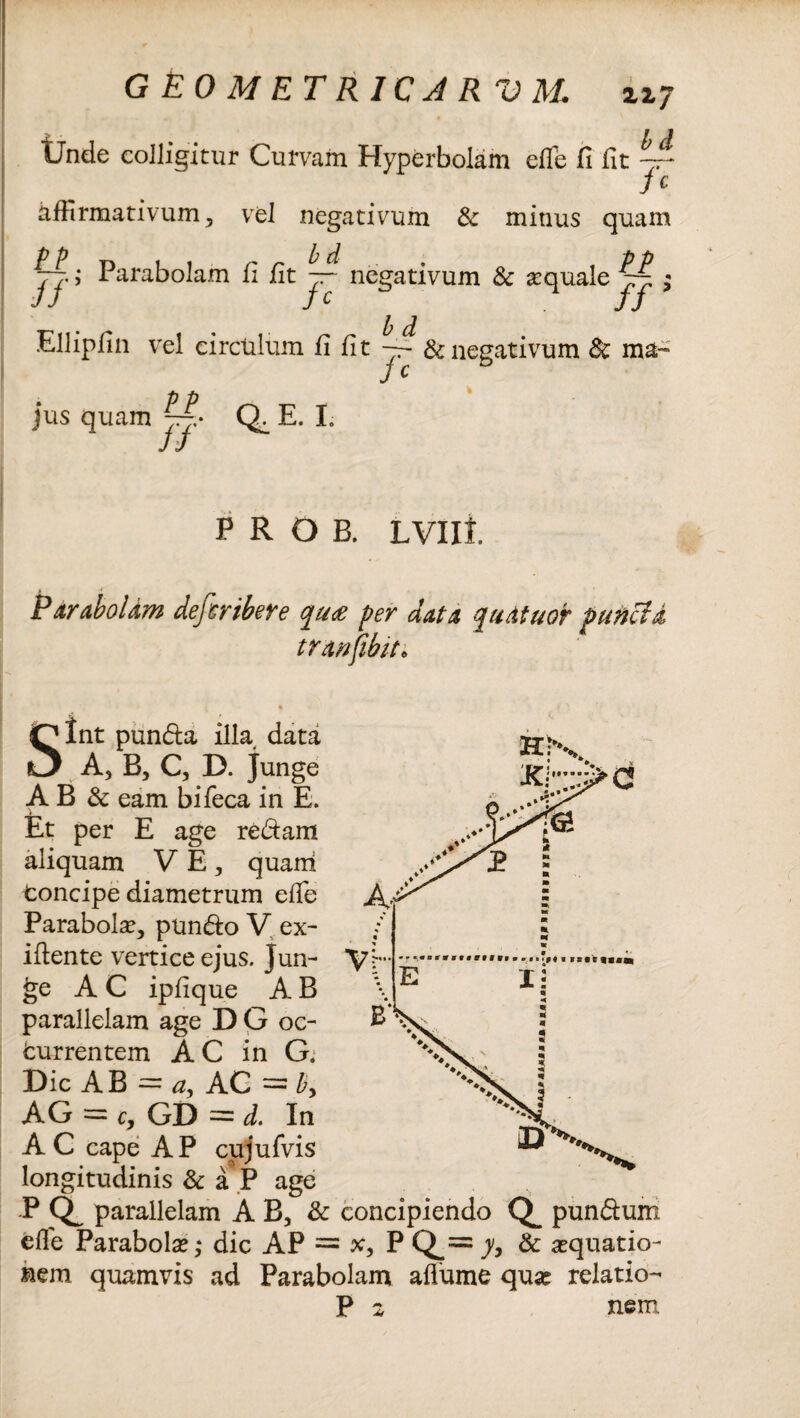 > . ^ jr j Unde colligitur Curvam Hyperbolam efle fi fit -rr* Jc affirmativum, vel negativum & mitius quam j~,; Parabolam fi fit negativum & a?qualeyy; ; Ellipfin vel circulum fi fit yr & negativum & raa- P P jus quam E. I. PROB, LVIlf. Pxraboldm deferibere (pu<£ per data quAtuor puftctd trmfibit. Sint punda illa, data A, B, C, D. junge A B & eam bifeca in E. Et per E age redam aliquam V E , quani Concipe diametrum efle Parabola?, pundo V ex- iftente vertice ejus. Jun¬ ge AC ipfique AB parallelam age D G oc¬ currentem AC in G. Dic AB = a> AC = AG = c, GD = d. In A C cape A P cujufvis longitudinis & a P age P parallelam A B, & concipiendo pundum efle Parabola?,* dic AP = x, P Q_= yy & aequatio¬ nem quamvis ad Parabolam afiume qua? relatio- P 2 nem.