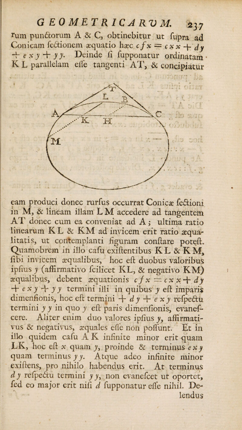 ?um pun<5lorum A & C, obtinebitur ut fupra ad. Conicam fedtionem aquatio hxc cfx = cxx dy + e x y + y y. Deinde fi fupponatur ordinatam * K L parallelam effe tangenti AT, & concipiatur eam produci donec rurfus occurrat Conicae fe&ioni in M, & lineam illam L M accedere ad tangentem AI' donec cum ea conveniat ad A; ultima .ratio linearum K L & KM ad invicem erit ratio aequa¬ litatis, ut contemplanti figuram conflare potefh Quamobrem in illo cafu exiflentibus KL &RM, libi invicem aequalibus, hoc efl duobus valoribus ipfius y (affirmativo fcilicet KL, & negativo KM) aequalibus, debent aquationis c f x ~ c x xdy ■+ ex y + y y termini illi in quibus y eft imparis dimenfionis, hoc efl termini -f d y + e x y refpe&u termini y y in quo y efl paris dimenfionis, evanef- cere. Aliter enim duo valores ipfius 7, affirmati¬ vus & negativus, aequales effe non poliunt. Et in illo quidem cafu A K infinite minor erit quam LK, hoc efl x quam jy, proinde & terminus ex y quam terminus y y. Atque adeo infinite minor exiflens, pro nihilo habendus erit. At terminus dy refpe&u termini jyjy, non evanefcet ut oportet, fed eo major erit nifi d fupponatur effe nihil. De¬ lendus