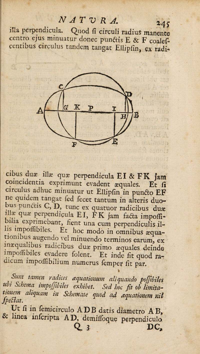 N JT V R J. Hs illa perpendicula. Quod fi circuli radius manente centro ejus minuatur donec punftis E & F coalef- centibus circulus tandem tangat Ellipfin, ex radi- X cibus duat ilis qu* perpendicula EI & FK Jam coincidentia exprimunt evadent aequales. Et fi circulus adhuc minuatur ut Ellipfin in pun&o EF ne quidem tangat fed fecet tantum in alteris duo¬ bus pundtis C, D, tunc ex quatuor radicibus dux l x quae perpendicula EI, FK jam fa&a impoffi- bilia exprimebant, fient una cum perpendiculis il¬ is impoffibiles. Et hoc modo in omnibus aequa¬ tionibus augendo vel minuendo terminos earum, ex inaequalibus radicibus dux primo aequales deinde impoffibiles evadere folent. Et inde fit quod ra¬ dicum impoffi bilium numerus fempet fit par. Sum tamen radices aquationum aliquando pojfibiles ubi Schema impoffibiles exhibet. Sed hoc fit ob limita-- alfiuam Schemate quod ad aquationem nil Ut fi in femicirculo ADB datis diametro AB, & linea infcripta AD, demJfloque perpendiculo