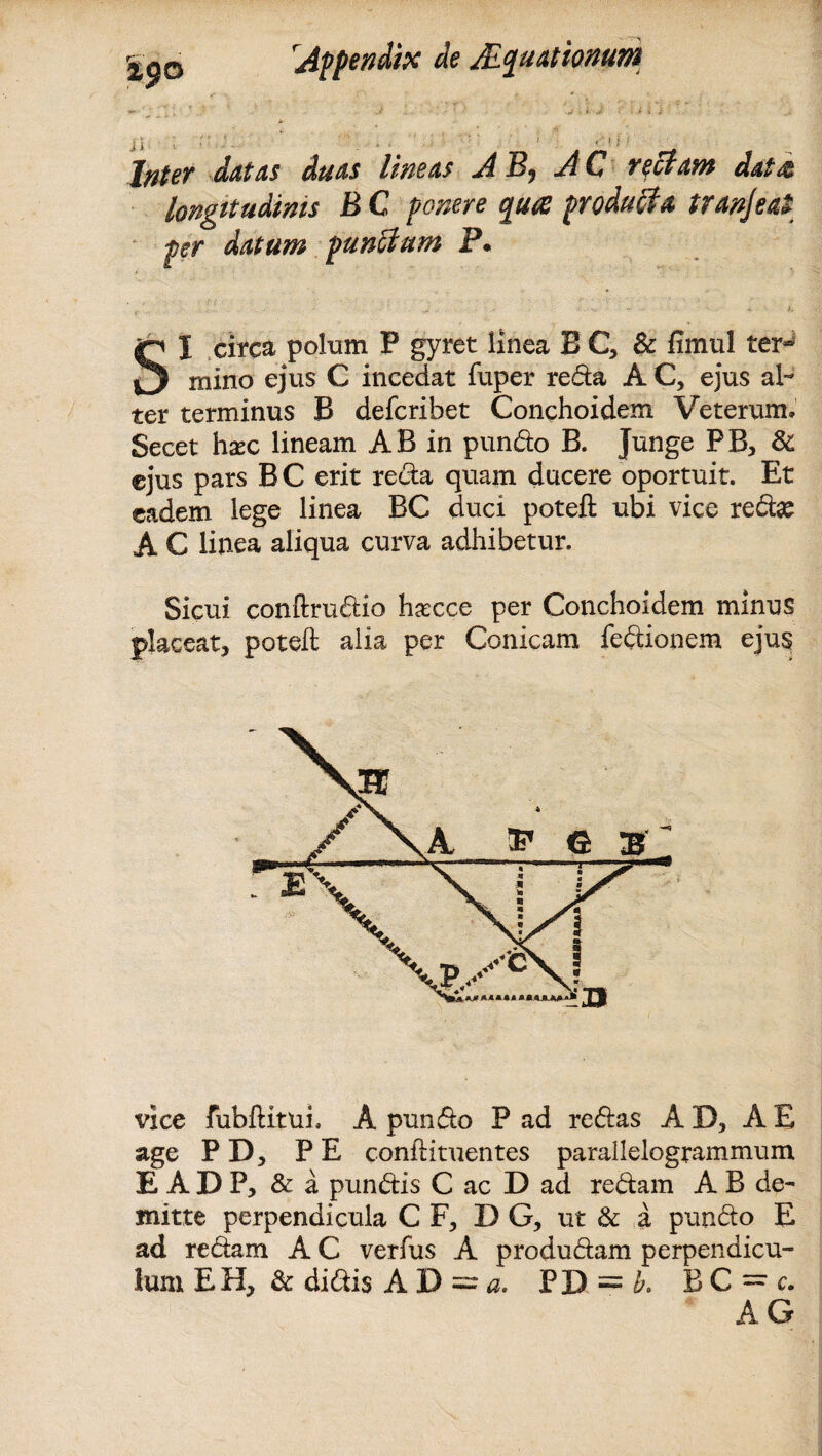 i s\ i ' f ' ;■ . ’ ' ... . • ' 1 ' ■ •• (’ > j < Jfltev datas duas lineas AB, AC rectam dat& longttudims B C ponere qua producta tranjeat per datum punitum P. IQ 1 circa polum P gyret linea B C, & fimul ter» mino ejus C incedat fuper reda A C, ejus al¬ ter terminus B defcribet Conchoidem Veterum. Secet haec lineam AB in pundo B. Junge PB, & ©jus pars B C erit reda quam ducere oportuit. Et eadem lege linea BC duci poteft ubi vice redae A C linea aliqua curva adhibetur. Sicui conftrudio hacce per Conchoidem minus placeat, poteft alia per Conicam fedionem ejus vice fubftitui, A pundo P ad redas AD, AE age PD, PE conftituentes parallelogrammum EADP, & a pundis C ac D ad redam A B de¬ mitte perpendicula C F, D G, ut & a pundo E ad redam A C verfus A produdam perpendicu¬ lum EH, & didis A D — a. PD = b. BC = c. AG