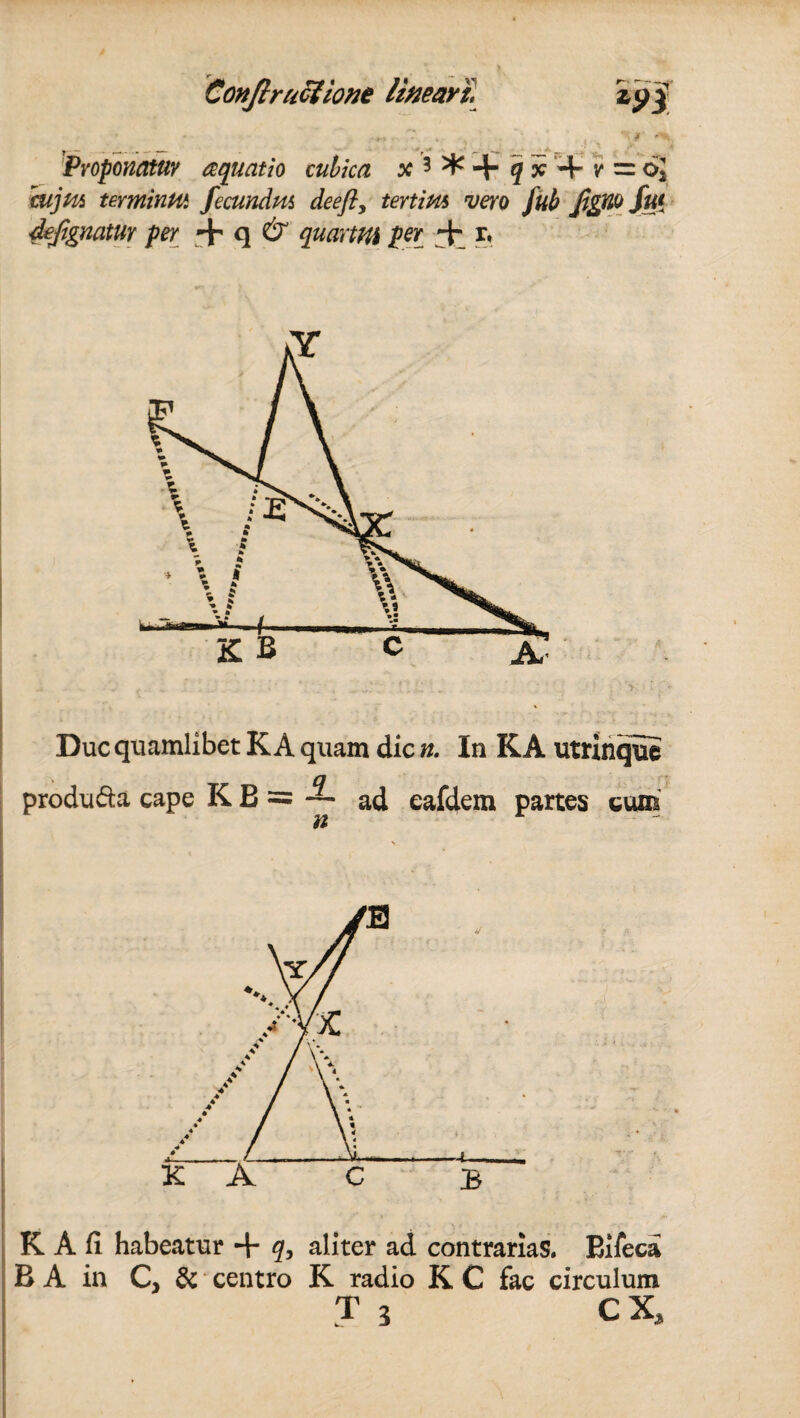 y — — T r- Proponatur aquatio cubica x 5 ^ -t- 5 y + v = 6» cujtu terminiti fecundm deefi, tertim vero Jub Jtgwfui deftgnatur per + q & quartffl per + r, Duc quamlibet K A quam dic n. In K A utrinque produ&a cape K B = ad eafdem partes cum K A fi habeatur + q, aliter ad contrarias. Eifeca B A in C, & centro K radio K C fac circulum T 3 CX,