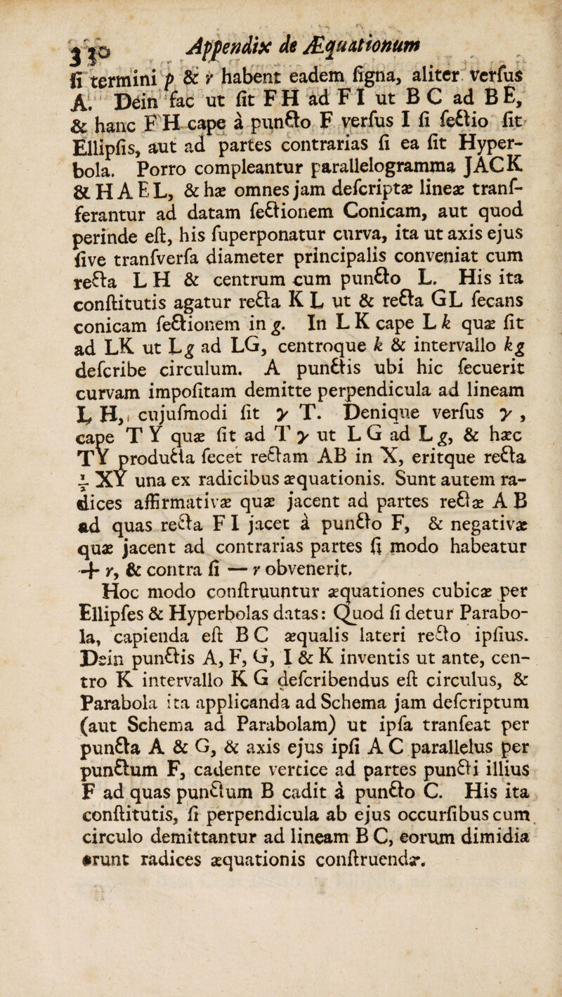 J JO Appendix de Mixtionum fi termini p & r habent eadem ligna, aliter verfus A. Dein fac ut Iit FH ad FI ut B C ad BE, & hanc FH cape a punSo F verfus I fi fettio fit Ellipfis, aut ad partes contrarias fi ea fit Hyper- bola. Porro compleantur parallelogramma JACK &HAEL, & hx omnes jam defcripta: lineae tranf- ferantur ad datam feftionem Conicam, aut quod perinde eft, his fuperponatur curva, ita ut axis ejus five tranfverfa diameter principalis conveniat cum re&a L H & centrum cum punflo L. His ita confli tutis agatur refla K L ut & refla GL fecans conicam feftionem in g. In L K cape L k qua: fit ad LK ut Lg ad LG, centroque k & intervallo kg defcribe circulum. A punftis ubi hic fecuerit curvam impolitam demitte perpendicula ad lineam h H,, cujufmodi fit y T. Denique verfus y , cape T Y quae fit ad T y ut L G ad Lg, & haec Tx produtta fecet reftam AB in X, eritque refla \ XY una ex radicibus aequationis. Sunt autem ra¬ dices affirmativa: quae jacent ad partes refla: A B ad quas refla F I jacet a punflo F, & negativae qua: jacent ad contrarias partes fi modo habeatur + Yy & contra fi — r obvenerit. Hoc modo conflruuntur aequationes cubica: per Ellipfes & Hyperbolas datas: Quod fi detur Parabo¬ la, capienda eft B C aequalis lateri reflo ipfius. Dein punfiis A, F, G, I & K inventis ut ante, cen¬ tro K intervallo K G defcribendus eft circulus, & Parabola ita applicanda ad Schema jam defcriptum (aut Schema ad Parabolam) ut ipfa tranfeat per punfta A & G, & axis ejus ipfi A C parallelus per punftum F, cadente vertice ad partes punfH illius F ad quas punftum B cadit a punflo C. His ita conflitutis, fi perpendicula ab ejus occurfibuscum circulo demittantur ad lineam B C, eorum dimidia #runt radices aquationis conftruendav