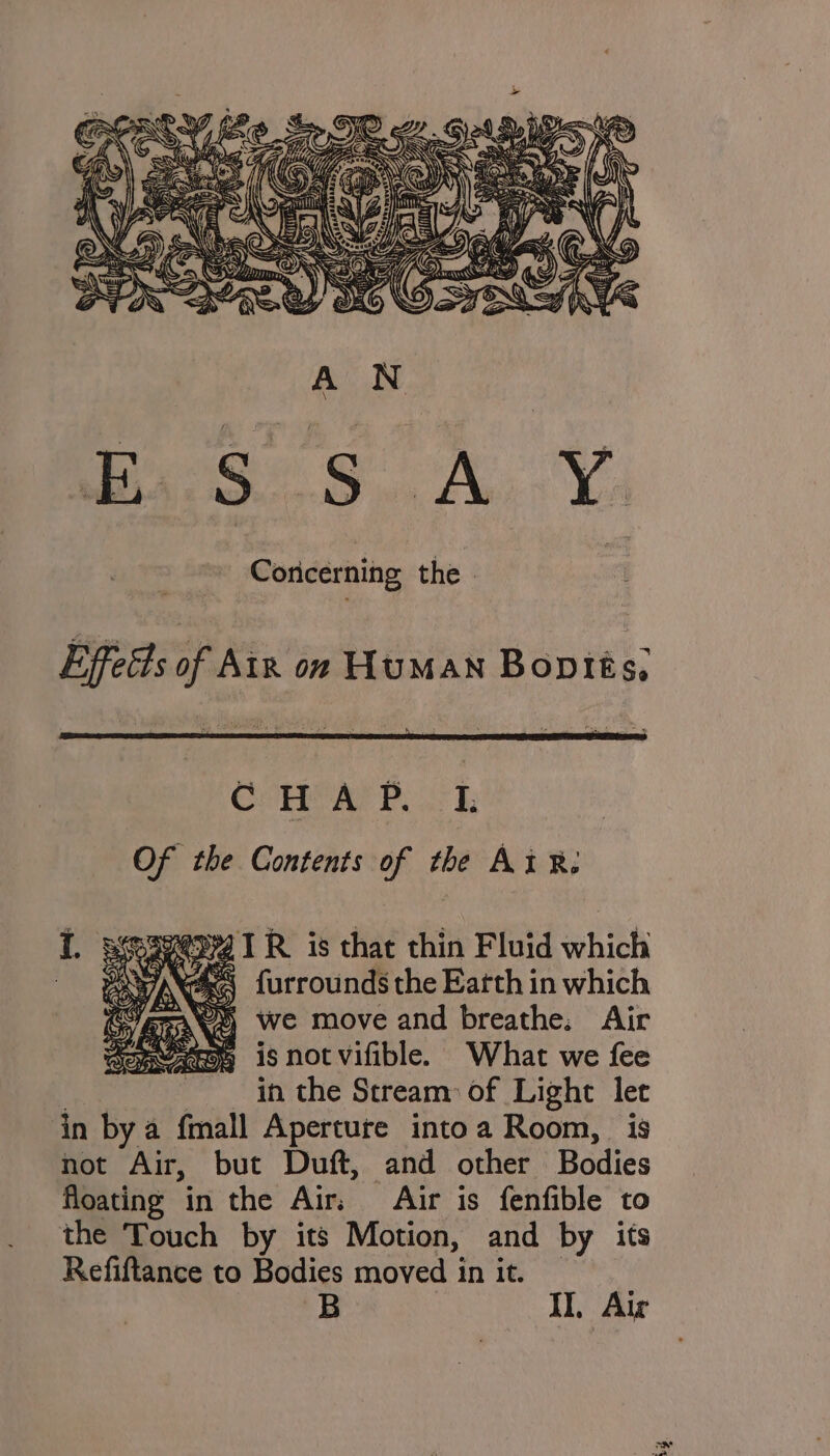 Coricerning the. Effects of Aix on Human Bopités, p72 1 R is that thin Fluid which \4 furrounds the Earth in which we move and breathe. Air is not vifible. What we fee i the Stream: of Light let in by a {mall Aperture intoa Room, is not Air, but Duft, and other Bodies floating in the Air, Air is fenfible to the Touch by its Motion, and by its Refiftance to Bodies moved in it. _ B II. Air Z