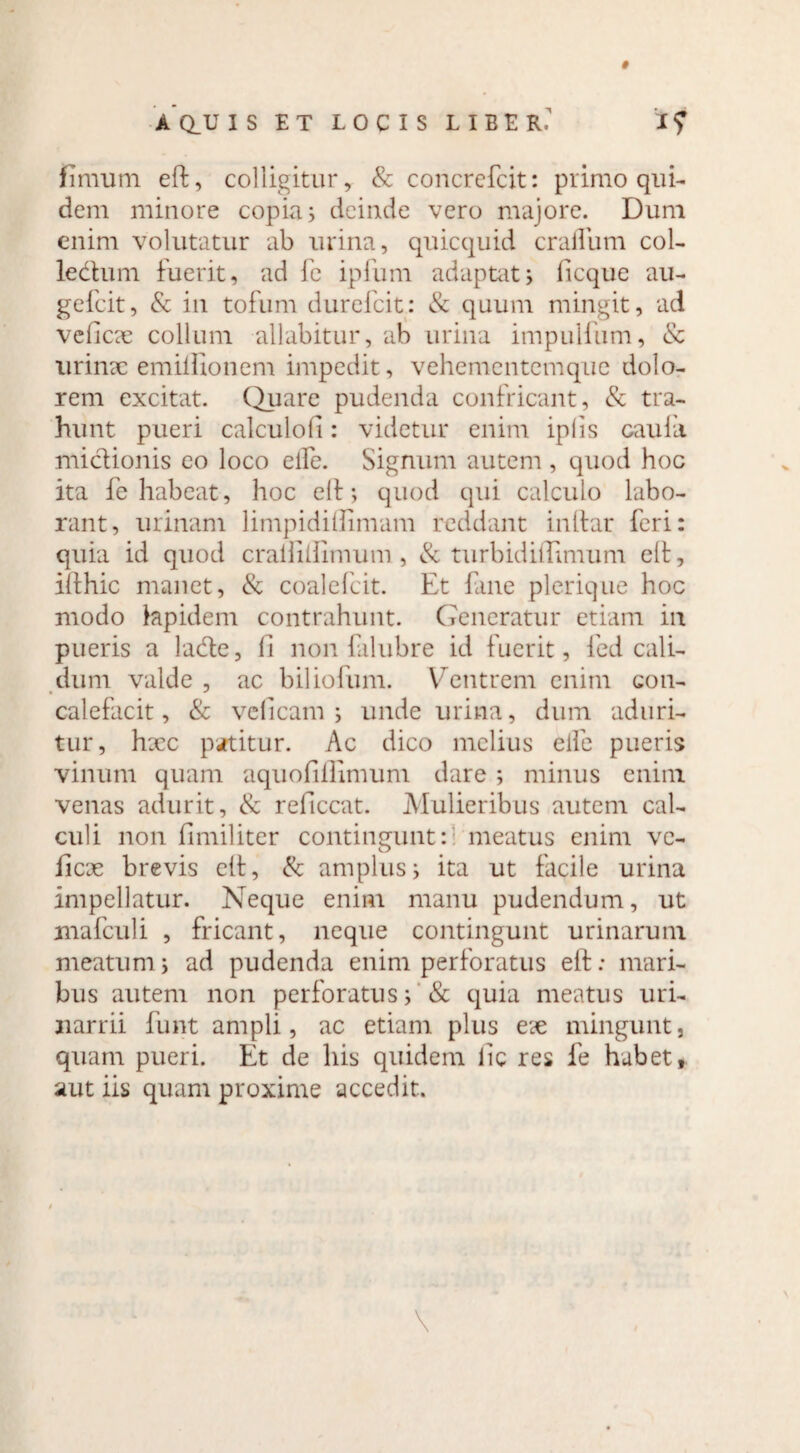 fimum eft, colligitur, & concrefcit: primo qui¬ dem minore copia ; deinde vero majore. Dum enim volutatur ab urina, quicquid craflum col- ledtum fuerit, ad fc ipfum adaptat; ficque au- gefcit, & in tofum durefcit: & quum mingit, ad vellere collum allabitur, ab urina impulfum, & urinae emillionem impedit, vehemcntcmque dolo¬ rem excitat. Quare pudenda confricant, & tra¬ hunt pueri calculoli: videtur enim iplis cauli mictionis eo loco eife. Signum autem, quod hoc ita fe habeat, hoc elt; quod qui calculo labo¬ rant, urinam limpidilfimam reddant inltar feri: quia id quod cralliilimum , & turbidillimum elt, ilthic manet, & coalefcit. Et fane plerique hoc modo lapidem contrahunt. Generatur etiam m pueris a ladte, li non falubre id fuerit, fed cali¬ dum valde , ac biliofum. Ventrem enim con¬ calefacit, & velicam ; unde urina, dum aduri¬ tur, hrec patitur. Ac dico melius eife pueris vinum quam aquofiilimum dare ; minus enim venas adurit, & reficcat. Mulieribus autem cal¬ culi non fimiliter contingunt: meatus enim ve¬ llere brevis elt, & amplus; ita ut facile urina impellatur. Neque enim manu pudendum, ut mafculi , fricant, neque contingunt urinarum meatum; ad pudenda enim perforatus elt: mari¬ bus autem non perforatus; & quia meatus uri- narrii funt ampli, ac etiam plus ex mingunt, quam pueri. Et de his quidem iic res fe habet, aut iis quam proxime accedit.