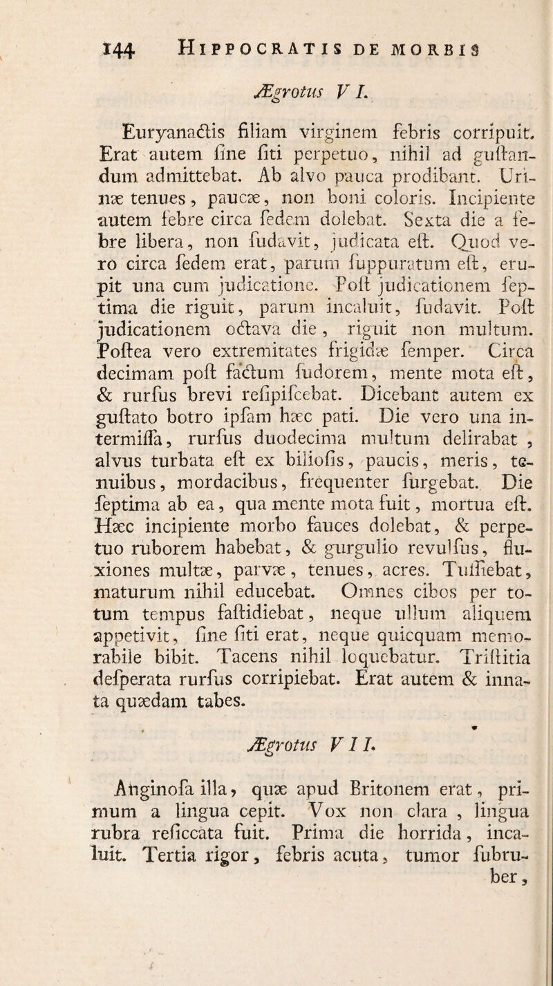 Mgrotus V L Euryana&is filiam virginem febris corripuit. Erat autem fine fiti perpetuo, nihil ad guftan- dum admittebat. Ab alvo pauca prodibant. Uri¬ nae tenues, paucae, non boni coloris. Incipiente autem febre circa fedem dolebat. Sexta die a fe¬ bre libera, non fudavit, judicata eif. Quod ve¬ ro circa fedem erat, parum fuppuratum eft, eru¬ pit una cum judicatione. Poft judicationem fep- tima die riguit, parum incaluit, fudavit. Poft judicationem odlava die, riguit non multum. Poftea vero extremitates frigidae femper. Circa decimam poft fadlum fudorem, mente mota eft, & rurfus brevi refipifcebat. Dicebant autem ex guftato botro ipfam haec pati. Die vero una in- termiffa, rurfus duodecima multum delirabat , alvus turbata eft ex biliofis, paucis, meris, te¬ nuibus, mordacibus, frequenter furgebat. Die feptima ab ea, qua mente mota fuit, mortua eft. Haec incipiente morbo fauces dolebat, & perpe¬ tuo ruborem habebat, & gurgulio revulfus, flu¬ xiones multae, parvae , tenues, acres. Tuiliebat, maturum nihil educebat. Omnes cibos per to¬ tum tempus faftidiebat, neque ullum aliquem appetivit, fine fiti erat, neque quicquam memo¬ rabile bibit. Tacens nihil loquebatur. Triftitia defperata rurfus corripiebat. Erat autem & inna¬ ta quaedam tabes. JE?rotiis VIL o Anginofa illa, quae apud Britonem erat, pri¬ mum a lingua cepit. Vox non clara , lingua rubra reficcata fuit. Prima die horrida, inca¬ luit. Tertia rigor, febris acuta, tumor fubru- ber,