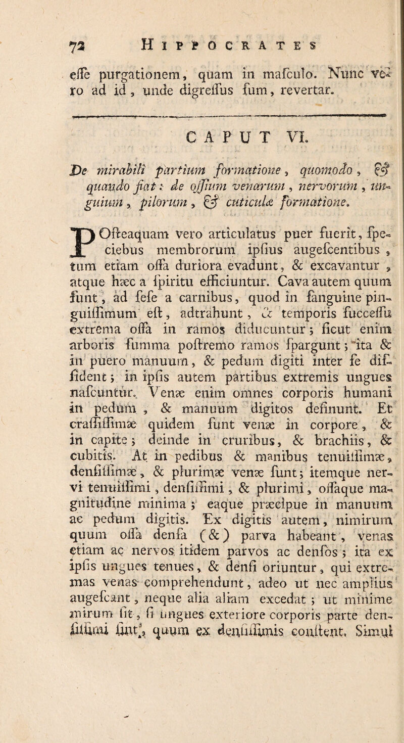 effc purgationem, quam in mafculo. Nunc vS ro ad id , unde digrelfus fum, revertar. C A P U T VI. f / • • />' ' /• - « t ; » 1 ; < ' . ' : . ; \ JPe mirabili partium formatione, quomodo, fff quando jiat:■ de ojjium venarum , nervorum , zuf- guimn , pilorum , cuticula formatione. POfteaquam vero articulatus puer fuerit, fpe« ciebus membrorum ipfius augefcentibus , tum etiam offa duriora evadunt, & excavantur 9 atque hsec a ipiritu efficiuntur. Cava autem quum funt, ad fefe a carnibus, quod in fanguine pili- guiffimum eft, adtrahunt, Ci temporis fucceilb extrema ofta in ramos diducuntur; ficut enim arboris fumma poftremo ramos fpargunt ; ita & in puero manuum, & pedum digiti inter fe diu fident > in ipfis autem partibus, extremis ungues nafcuntur. V ente enim omnes corporis humani in pedum , & manuum digitos delinunt. Et craffiffimae quidem funt verne in corpore, 8c in capite 5 deinde in cruribus, & brachiis, & cubitis. At in pedibus & manibus tenuiilinue* denfitiimse, & plurimae venae funt; itemque ner¬ vi tenuiffimi, denfiffimi, & plurimi, oifaque ma^ gnitudine minima ; eaque praecipue in manuum ae pedum digitis. Ex digitis autem, nimirum quum oifa denfa (&) parva habeant , venas etiam ac nervos itidem parvos ac denios ; ita ex ipfis ungues tenues, & denfi oriuntur, qui extre¬ mas venas comprehendunt, adeo ut nec amplius augefcant, neque alia aliam excedat ; ut minime mirum fit , fi ungues exteriore corporis parte den- filiiau Uur, quum ex deffinumis eouitent, Simul