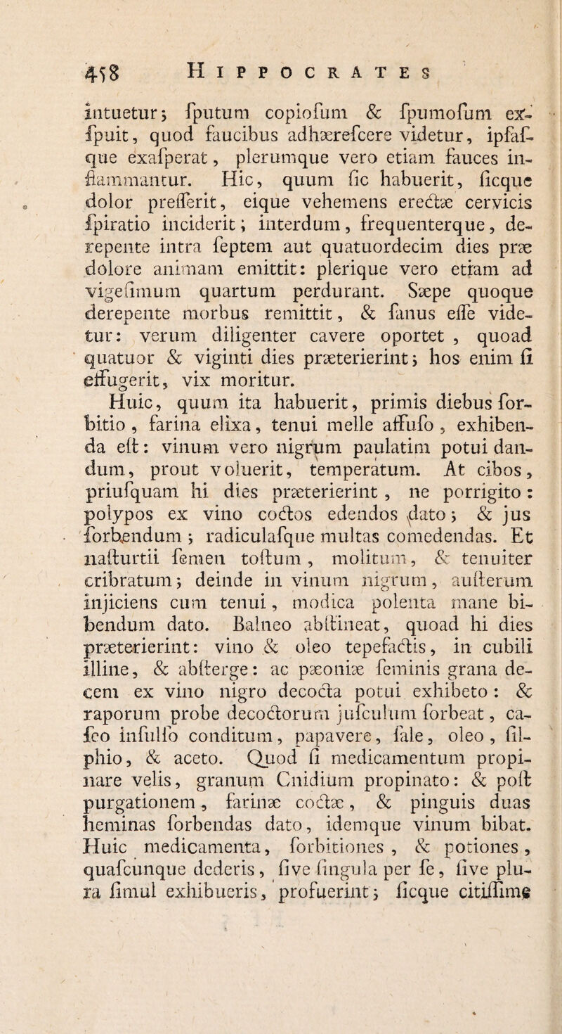 intuetur; fputum copiofum & fpumofum ex- fpuit, quod faucibus adhaerefcere videtur, ipfaf- que exafperat, plerumque vero etiam fauces in¬ flammantur. Hic, quum fic habuerit, ficque dolor preiferlt, eique vehemens eredae cervicis fpiratio inciderit; interdum, frequenterque, de¬ repente intra feptem aut quatuordecim dies prae dolore animam emittit: plerique vero etiam ad vige (imum quartum perdurant. Saepe quoque derepente morbus remittit, & fanus eife vide¬ tur: verum diligenter cavere oportet , quoad quatuor & viginti dies praeterierint; hos enim fi. effugerit, vix moritur. Huic, quum ita habuerit, primis diebus for- bitio , farina elixa, tenui meile affufo , exhiben¬ da eit: vinum vero nigrum paulatim potui dan¬ dum, prout voluerit, temperatum. At cibos, priufquam hi dies praeterierint , ne porrigito: polypos ex vino codos edendos dato; & jus forUendum ; radiculafque multas comedendas. Et nafturtii femen toftum , molitum, & tenuiter cribratum; deinde in vinum nigrum, auderum. injiciens cum tenui, modica polenta mane bi¬ bendum dato. Balneo abifineat, quoad hi dies praeterierint: vino & oleo tepefadis, in cubili illine, & ablterge: ac paeoniae feminis grana de¬ cem ex vino nigro decoda potui exhibeto : & raporum probe decodoruru jufculum forbeat, ca- fco infulfo conditum, papavere, fale, oleo , fil- phio, & aceto. Quod fi medicamentum propi¬ nare velis, granum Cnidium propinato: & poft purgationem, farinae codae, & pinguis duas heminas forbendas dato, idemque vinum bibat. Huic medicamenta, forbitiones , & potiones, quafcunque dederis, five lingula per fe, live plu¬ ra fimul exhibueris, profuerint; ficque citiffim^