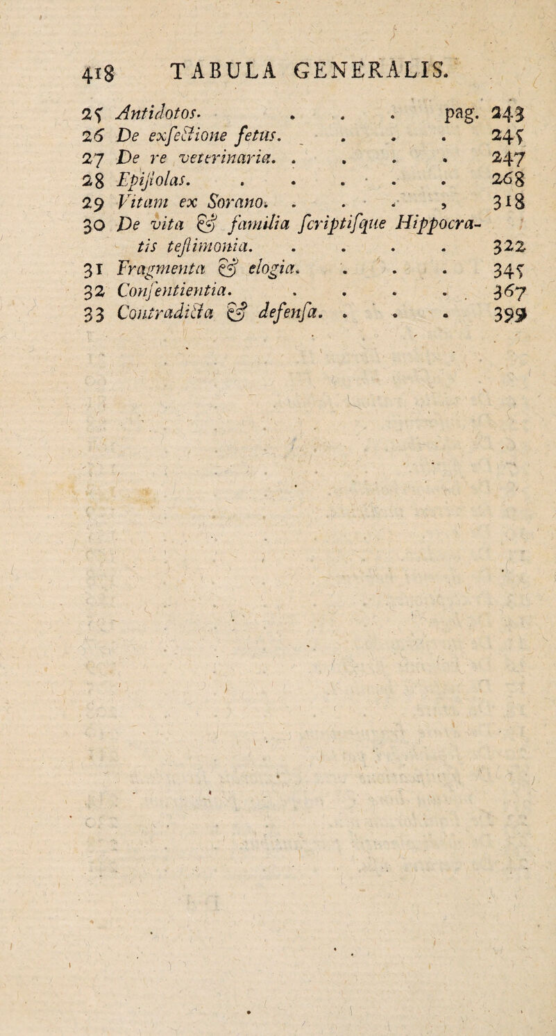 2<> Antidotos. pag- 243 26 De exfeStione fetus. • 24 V 27 De re veterinaria. . • 247 28 Epijiolas. . . . • 268 29 Vitam ex Sorano. 5 3i8 30 De vita & familia fcriptifque Hippocra- tis tefiimonia. 4» 322 3i Fragmenta & elogia. • 34? 32 Confentientia. • 3« 7 33 Contraditi a & defenfa. . a 399 , / i i