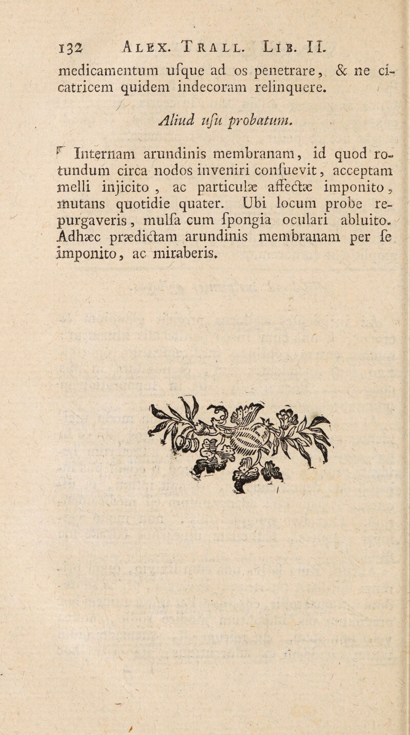 medicamentum ufque ad os penetrare, & ne ci¬ catricem quidem indecoram relinquere. Aliud ufu probatum. F Internam arundinis membranam, id quod ro¬ tundum circa nodos inveniri confuevit, acceptam melli injicito , ac particulae affe&ae imponito , mutans quotidie quater. Ubi locum probe re¬ purgaveris , mulfa cum fpongia oculari abluito. Adhaec praedictam arundinis membranam per fe Imponito, ac miraberis. /