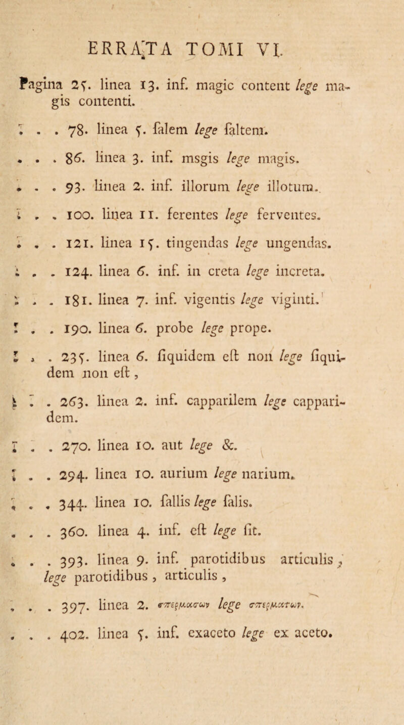 * » * ma- / Pagina 2?. linea 13. inf. magic content lege gis contenti. . . 78. linea f. falem lege laltenr. . .8^* linea 3. inf. msgis lege magis. . . 93. linea 2. inf. illorum lege illotum. . . 100. linea 11. ferentes lege ferventes. . . 121. linea if. tingendas lege ungendas. . . 124. linea 6. inf in creta lege increta. . . 181. linea 7. inf vigentis lege viginti. . . 190. linea 6. probe lege prope. I , . 23f. linea 6. fiquidcm eft non lege fiqui- dem non eft , i ~ . 263. linea 2. inf capparilem lege cappari- dem. I . . 270. linea 10. aut lege &. ; . . 294. linea 10. aurium lege narium. I . „ 344. linea 10. fallis lege falis. . . . 360. linea 4. inf eft lege lit. . . . 393. linea 9. inf parotidibus articulis lege parotidibus , articulis , 397. linea 2. me^oca-uv lege . 402. linea f. inf exaceto lege ex aceto.