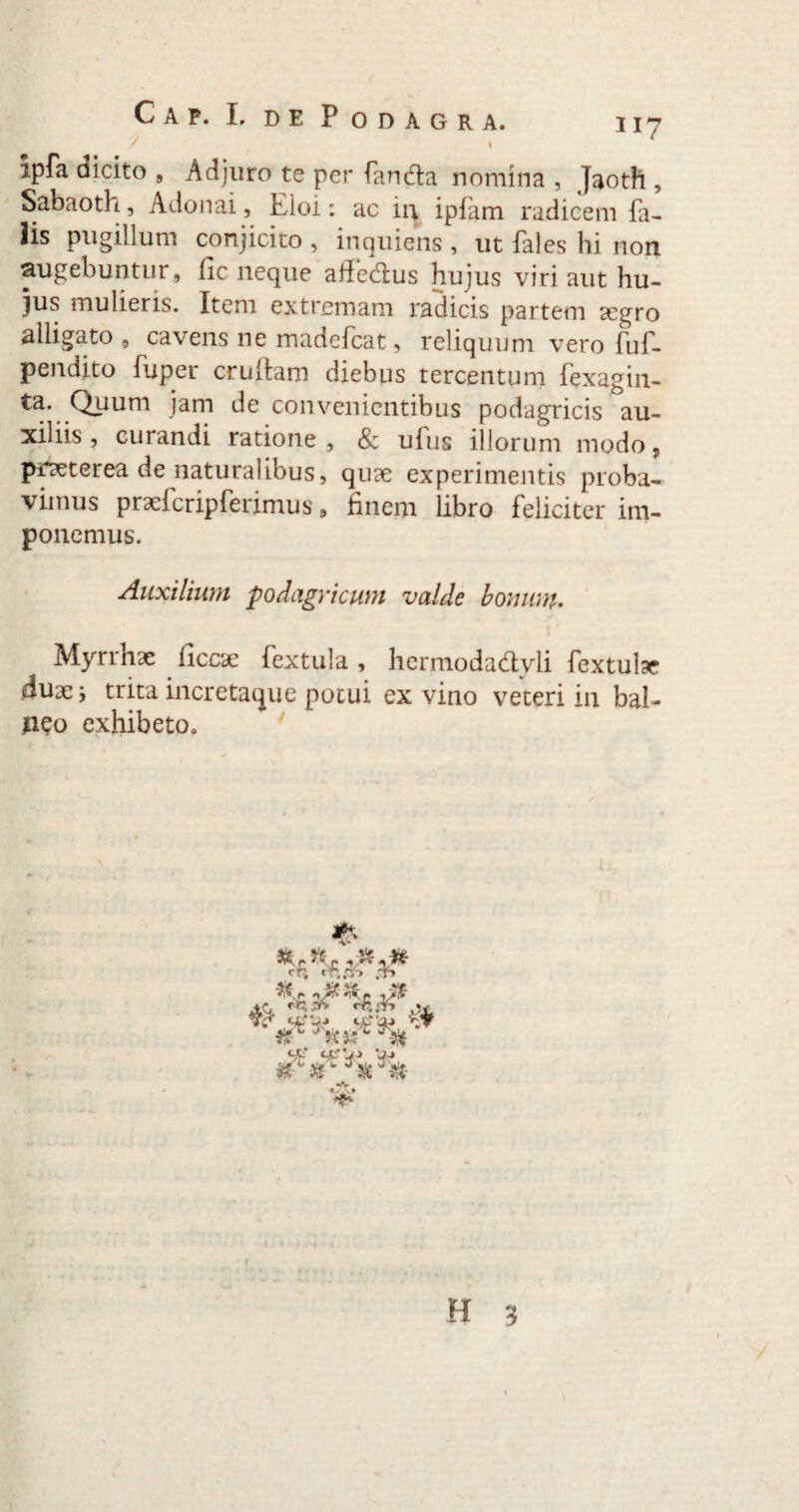 ipfa dicito 9 Adjuro te per fancda nomina , Jaoth , Sabaoth, Adonai, Eioi: ac in iplam radicem fa¬ lis pugillum conjicito , inquiens , ut fales hi non augebuntur, fic neque adedlus hujus viri aut hu¬ jus mulieris. Item extremam radicis partem segro alligato , cavens ne madefcat, reliquum vero fuf- pendito fuper crudam diebus tercentum fexagin- ta. Quum jam de convenientibus podagricis au¬ xiliis , curandi ratione, & ufus illorum modo, praeterea de naturalibus, quae experimentis proba¬ vimus praefcrip ferimus, finem libro feliciter im¬ ponemus. Auxilium podagricum valde bonum. Myrrhae ficcac fextula, hermodadyli fextulae duae i trita incretaque potui ex vino veteri in bal¬ neo exhibeto.