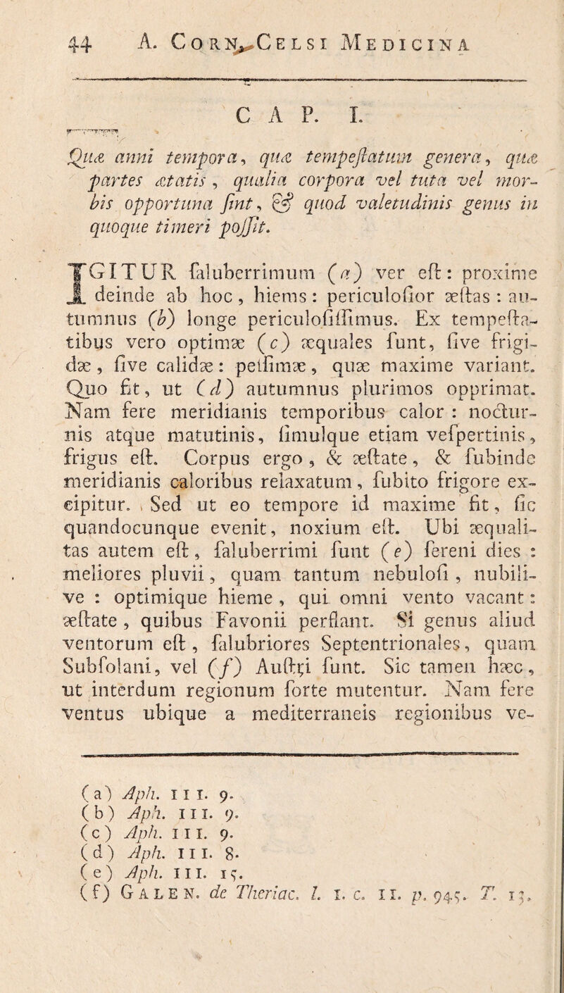 C A P. I. jr— 7 7Tr'=' ' '/ • . . Qua anni tempora-, qua tempeftatum genera, qiht partes itatis , qualia corpora vel tuta vel mor¬ bis opportuna fint, quod valetudinis genus in quoque timeri pojjit. IGITUR faluberrimum (a) ver eft: proxime deinde ab hoc, hieras: periculofior aeftas : au¬ tumnus (b) longe periculofiffimus. Ex tempera¬ tibus vero optimae (c) aequales funt, fi ve frigi¬ dae, five calida: peifimae, quae maxime variant. Quo fit, ut C d) autumnus plurimos opprimat. Nam fere meridianis temporibus calor : noctur¬ nis atque matutinis, fimulque etiam vefpertinis, frigus eft. Corpus ergo , & aeftate, & fubinde meridianis caloribus relaxatum, fubito frigore ex¬ cipitur. * Sed ut eo tempore id maxime fit, fic quandocunque evenit, noxium eft. Ubi aequali¬ tas autem eft, fal uberrimi funt (e) fe-reni dies : meliores pluvii, quam tantum nebulofi , nubili- ve : optimique hieme , qui omni vento vacant: aeftate , quibus Favonii perflant. Si genus aliud ventorum eft , falubriores Septentrionales, quam Subfolani, vel (/) Auftti funt. Sic tamen haec, ut interdum regionum forte mutentur. Nam fere ventus ubique a mediterraneis regionibus ve- (ai Aph. iii. 9. (b) Aph. iii. 9. ( c ) Aph. iii. 9. ( d ) Aph. iii. 8- (e) Aph. HI. t;. (f) Galen. de Theriac. I. 1. c. II. p. 94$. T. 1:,