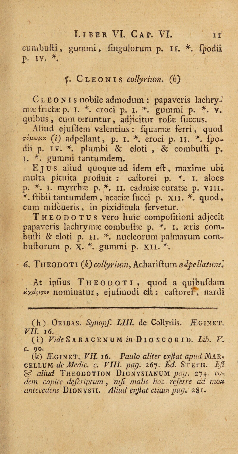 eumbufti, gummi, fingulorum p. ir. *. fpodii p. iv. *. f. Cleonis collyrium. (/j) Cleonis nobile admodum : papaveris Jachryu nix fridse p, i. *. croci p. i. *. gummi p. *. v» quibus, cum teruntur, adjicitur rofx fuccus. Aliud ejufdem valentius: fquamx ferri, quod (J) adpellant, p. i. croci p. ii. *. fpo¬ dii p. IV. *, plumbi & eloti , & combufti p, i. *. gummi tantumdem. Ejus aliud quoque ad idem eft, maxime ubi multa pituita produit : callorei p. *. i. aloes p. *. i. myrrhx p. *. n. cadmix curatx p. vnx» *. ftibii tantumdem, acacix fucci p. xn. *. quod, cum mifcueris, in pixidicula fervetur. Theodotus vero huic compofitioni adjecit papaveris lachrymx combuftx p. *. i. xris com« bulli & eloti p. u. *. nucleorum palmarum coni- bultorum p. x. *. gummi p. xn. *, 6. Theodoti (Ji) collyrium, Achariftum adpellatuml At ipfius Theodoti , quod a quibufdam nominatur, ejufmodi eft: caUoreH nardi (h) Oribas. Synopf. LIII. de Collyriis. JEginet. VII. 16. (i) Vide Saracenum in Dioscorid. Lib. V. c. 90. (k) IEginet. VII. 16. Paulo aliter cxjiat apud Mar*. cellum de Medie, c. VIII. pag. 267. Ed. Steph. Eft & aliud Theodotion Djcnysianum pag. 274- eo¬ dem capite deferiptum , nifi malis hoc referre ad mox antecedens Dionysii. Aliud exjiat etiampag% 281.