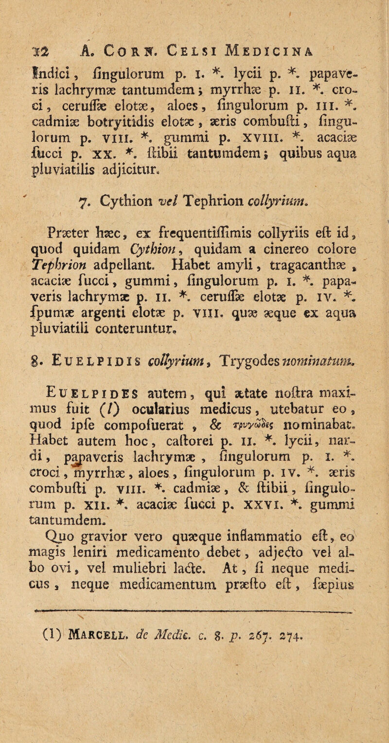 I* 12 A. Cork. Celsi Medicina Indici, Ungulorum p. i. *. lycii p. *. papave¬ ris lachrymae tantumdem, myrrhae p. n. *. cro¬ ci, ceruffae elotae, aloes, fingulorum p. iii. *. cadmiae botryitidis elotae, seris combufti, Ungu¬ lorum p. viii. *. gummi p. xvm. *. acaciae fucci p. xx. *. ftibii tantumdem; quibus aqua pluviatilis adjicitur, 7. Cythion vel Tephrion collyrium. . / l • • ^ 4 '• 1 . ' •'I“ . • Q n ' s Praeter haec, ex frequentiflimis collyriis eft id, quod quidam Cythion, quidam a cinereo colore Tephrion adpellant. Habet amyli, tragacanthae , acacke fucci, gummi, fingulorum p. 1. *. papa¬ veris lachrymx p. 11. *. ceruffae elotae p. IV. *. fpunue argenti elotae p. vili. quae aeque ex aqua pluviatili conteruntur* 8* Euelpidis collyrium9 Trygodesnominatum, EuelpidSS autem, qui aetate noftra maxi¬ mus fuit (/) ocularius medicus, utebatur eo, quod ipfe compofuerat , Sc rpvyuhs nominabat. Habet autem hoc, caftorei p. 11. *. lycii, nar¬ di , papaveris lachrymae , fingulorum p. 1. *. croci, myrrhae, aloes, fingulorum p. iv. *. seris combufti p, viii. *• cadmiae, & ftibii, fingulo¬ rum p. xii. •*. acaciae fucci p. xxvi. *. gummi tantumdem. Quo gravior vero quaeque inflammatio eft, eo magis leniri medicamento debet, adjedo vel al¬ bo ovi, vel muliebri lade. At, fi neque medi¬ cus , neque medicamentum praeito eft, faepius V