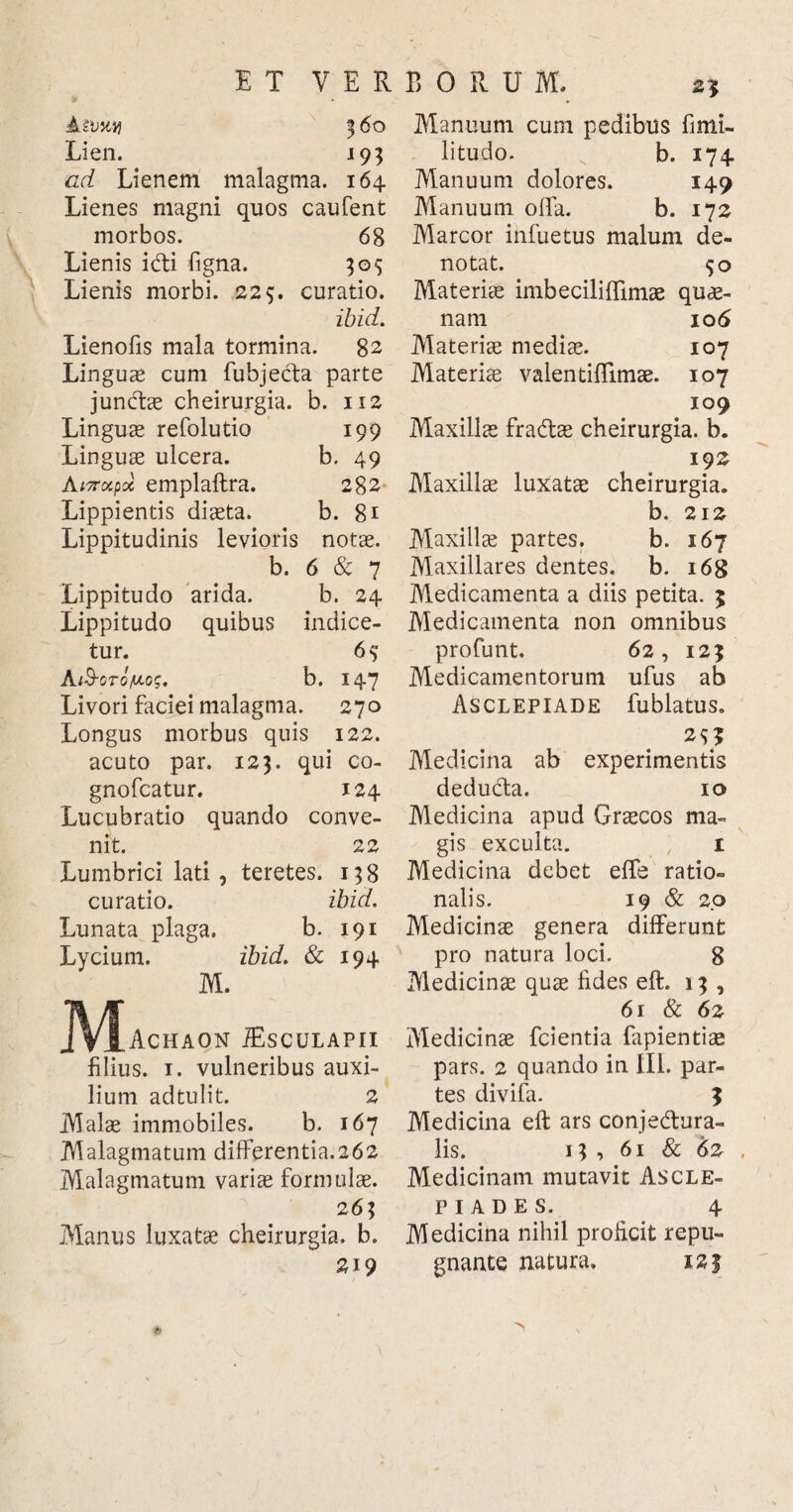 E T V E R a* Asi/W) 36 o Lien. 193 ad Lienem malagma. 164 Lienes magni quos caufent morbos. 68 Lienis iCti ligna. 305 Lienis morbi. 22$. curatio. ibid. Lienolis mala tormina. 82 Lingua* cum fubjecta parte junctae cheirurgia. b. 112 Linguas refolutio 199 Linguas ulcera. b. 49 Anrocpoc emplaltra. 282 Lippientis diasta. b. 81 Lippitudinis levioris notas. b. 6 & 7 Lippitudo arida. b. 24 Lippitudo quibus indice¬ tur. 6^ AtB-oro^o<;. b. 147 Livori faciei malagma. 270 Longus morbus quis 122. acuto par. 123. qui co- gnofcatur. 124 Lucubratio quando conve¬ nit. 22 Lumbrici lati, teretes. 138 curatio. ibid. Lunata plaga. b. 191 Lycium. ibid. & 194 M. JVI^Achaon IEsculapii filius. 1. vulneribus auxi¬ lium adtulit. 2 Malae immobiles. b. 167 Malagmatum differentia.262 Malagmatum variae formulae. 263 Manus luxatae cheirurgia. b. 219 B O R U M. 2? Manuum cum pedibus fimi- litudo. b. 174 Manuum dolores. 149 Manuum offa. b. 172 Marcor infuetus malum de¬ notat. 50 Materiae imbeciliffimae quae- nam 106 Materiae medias. 107 Materiae valentifllmae. 107 109 Maxillae fraCtae cheirurgia. b. 192 Maxillae luxatae cheirurgia. b. 212 Maxillae partes. b. 167 Maxillares dentes, b. 168 Medicamenta a diis petita. 5 Medicamenta non omnibus profunt. 62, 123 Medicamentorum ufus ab Asclepiade fublatus. 2S? Medicina ab experimentis deduCta. 10 Medicina apud Graecos ma¬ gis exculta. i Medicina debet effe ratio¬ nalis. 19 & 20 Medicinae genera differunt pro natura loci. 8 Medicinae quae fides eft. 13 , 61 & 62 Medicinae fcientia fapientiae pars. 2 quando in III. par¬ tes divifa. 3 Aledicina eft ars conjectura¬ lis. 13 ■> 61 & 62 Medicinam mutavit Ascle- p i a d e s. 4 Medicina nihil proficit repu¬ gnante natura, 123