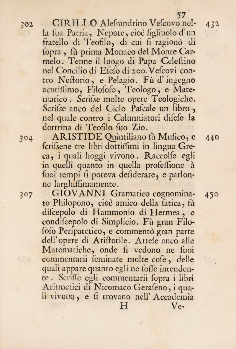 CA v 02 CIRILLO Alefsandrino Vefcovo nel- 432 la ina Patria, Nepote, cioè figliuolo d’un fratello di Teofìlo, di cui fi ragionò di fopra , fu prima Monaco del Monte Car¬ melo. Tenne il luogo di Papa Celeftino nel Concilio di Efefo di 200. Vefcovi con¬ tro Neftorio, e Pelagio. Fù d’ingegno acutiffimo, Filofofo, Teologo, e Mate¬ matico . Scrifse molte opere Teologiche. Scrifse anco del Ciclo Pafcale un libro 9 nel quale contro i Calunniatori difefe la dottrina di Teofilo fuo Zio. 304 ARISTIDE Quintiliano fù Mufico, e 440 fcrifsene tre libri dottifiimi in lingua Gre¬ ca, i quali hoggi vivono. Raccolfe egli in quelli quanto in quella profefiione à fuoi tempi fi poteva desiderare, e parlon- ne larghiffimamente. 307 GIOVANNI Gramatico cognomina- 450 to Philopono, cioè amico della fatica, fu difcepolo di Hammonio di Hermea, e condifcepolo di Simplicio. Fù gran Filo¬ fofo Peripatetico, e commentò gran parte dell’opere di Ariftotile. Attefe anco alle Matematiche, onde fi vedono ne fuoi commentarli Seminate molte cofe, delle quali appare quanto egli ne foffe intenden¬ te . Scriffe egli commentarli fopra i libri Aritmetici di Nicomaco Gerafeno, i qua¬ li vivono, e fi trovano nell’ Accademia H Ve-