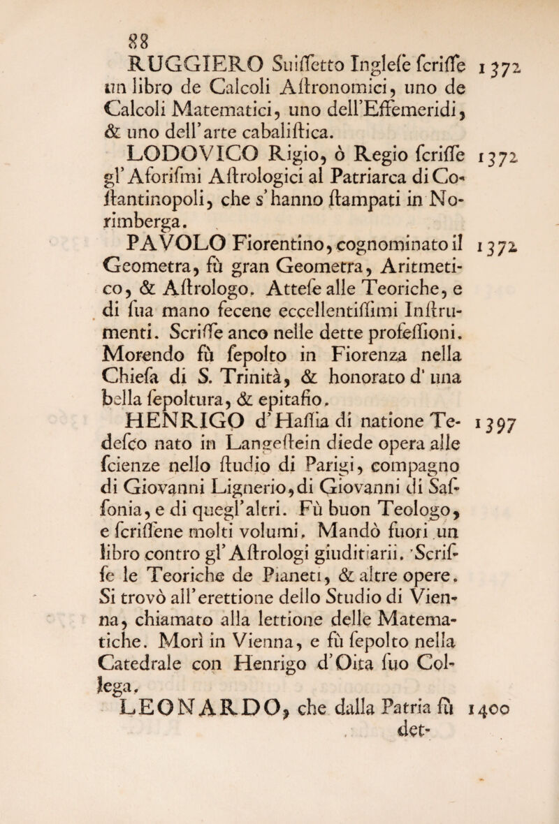 gg RUGGIERO Suiffetto Inglefè fende i 372 im libro de Calcoli Agronomici, uno de Calcoli Matematici, uno dell’EfFemeridi, & uno dell’arte cabaliftica. LODOVICO Rigio, ò Regio fcrifTe 1372 gl’ Aforifmi A Urologici al Patriarca di Co- ìlantinopoli, che s’hanno ffampati in No¬ rimberga. P A VOLO Fiorentino, cognominato il 1372. Geometra, fu gran Geometra, Aritmeti¬ co, & Aftrologo. Attefe alle Teoriche, e di Tua mano fecene eccellentidìmi Inffru- • * menti. Seri Uè anco nelle dette profeflioni. Morendo fu fepolto in Fiorenza nella Chiefa di S. Trinità, & honoratod’una bella fèpoltura, & epitafio, HENRIGO d’Hafliadi natione Te- 1397 defeo nato in Langeftein diede opera alfe feienze nello fludio di Parigi, compagno di Giovanni Lignerio,di Giovanni di Saf- fonia, e di quegl’al tri. Fù buon Teologo, e fcriffene molti volumi. Mandò fuori un libro contro gl’Aftrologi giuditiarii. 'Scrif- fe le Teoriche de Pianeti, & altre opere. Si trovò all’erettione dello Studio di Vien¬ na, chiamato alla lettione delle Matema¬ tiche. Morì in Vienna, e fù fepolto nella Catedrale con Henrigo d’Oita Ilio Col¬ lega, LEONARDO, che dalla Patria fu 1400 det-