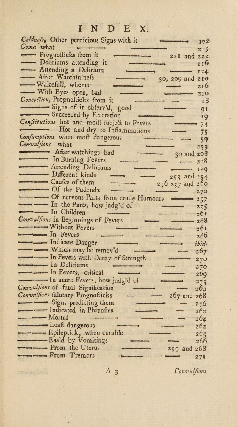 Coldnefsf Other pernicious Signs with it Coma what - .* • Prognofticks from it • Deliriums attending it • Attending a Delirium • After Watchfulnefs ■Wakefull, whence With Eyes open, bad 30, ConcoSiion, Prognofticks from it — ■ ■ Signs of it obferv’d, good ■ .. Succeeded by Excretion — Conjiiiutions hot and moift fubjeft to Fevers --^ Hot and dry to Inflammations Confumptions when mofl: dangerous ' — Convuljions what ^ - After watchings bad — • - In Burning Fevers _ • Attending Deliriums . Different kinds , . Caufes of them --- Of the Pudenda --- -- 172 2i3 221 and 222 116 -- - 124 209 and 210 — 216 —' ■' • 22.0 — 18 -- 91 — 19 - 74 - 75 — — 59 — 253 30 and 208 -- 208 129 Of nervous Parts from crude Humours In the Parts, how judg’d of In Children --— ~ 253 and 254 256 257 and 260 270 Con^ulfions in Beginnings of Fevers ■Without Fevers ■ — In Fevers --—. Indicate Danger --- • Which may be removed -- In Fevers with Decay of Strength In Deliriums —-- In Fevers, critical > In acute Fevers, how judg’d of ConnjulJtom of fatal Signification —— ConnjulJions falutary Prognofticks —■ Signs predicting them —— — Indicated in Phrenfies - Mortal - • Leaft dangerous — Epileptick, when curable -Eas’d by Vomitings From the Uterus From Tremors •- -— 257 -- 25s —- 261 ---26S - 261 —— 266 ... •— 267 ..- 270 —— 270 —— 269 — 275 -—• 269 267 and 268 — 276 260 — 264 ■.- 262 —• 26c —- 266 259 and 268 —« 271 Con<vulllon$