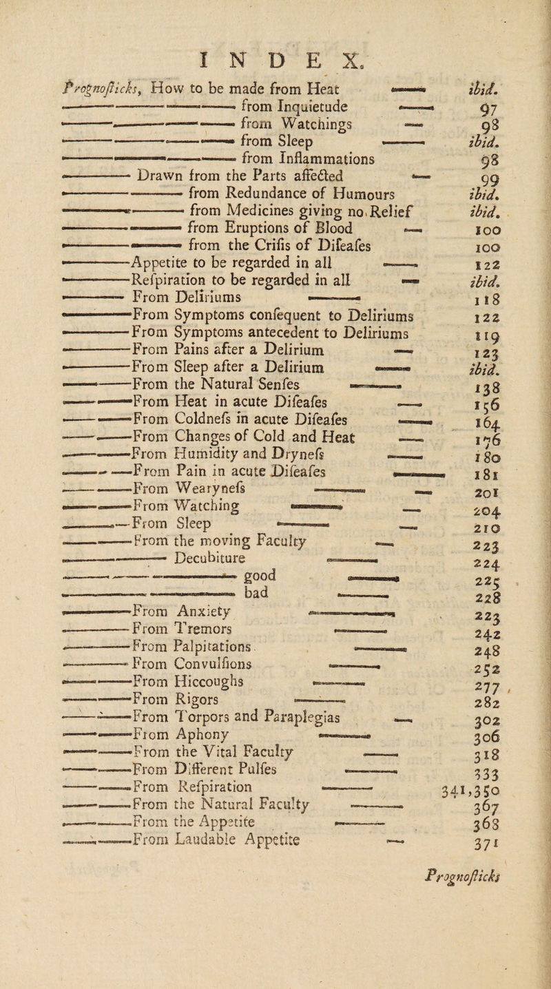 f i^ognoflichy How to be made from Heat ■—---— —-- from Inquietude • -——-—, . from Watchings • ----- ...-.-.Ni from Sleep ■ .. ■■■■* .from Inflammations —-- Drawn from the Parts affeded —-from Redundance of Humours - from Medicines giving no.Relief — from Eruptions of Blood — ... from the Crifis of Difeafes •Appetite to be regarded in all ——- •Refpiration to be regarded in all •— From Deliriums ——• -From Symptoms conlequent to Deliriums ■From Symptoms antecedent to Deliriums -From Pains after a Delirium *— -From Sleep after a Delirium « “From the Natural Senfes •From Heat in acute Difeafes •From Coldnefs in acute Difeafes •From Changes of Cold and Heat •From Humidity and Drynefs -From Pain in acute Difeafes -From Wearynefs •From Watching -From Sleep --- -From the moving Faculty —^ Decubiture good - bad -From Anxiety ¥ - From Tremors -From Palpitations From Convulfions — •From Hiccoughs - ■From Rigors »——— 'From I'orpors and Paraplegias •From Aphony •From the Vital Faculty •From Diflerent Pulfes • From Refpiration .From the Natural Faculty .From the Appetite •From Laudable Appetite ihid. 97 ,,98 ihid. 98 99 ihid. ihid. 100 100 122 ibid, 118 122 119 123 ibid. 138 156 164 176 180 181 201 210 223 224 225 228 223 242 248 252 277 282 302 306 318 ^33 34H350 367 368 37^