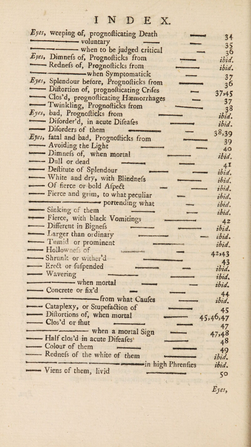 Eyes, weeping of, prognofticating Death ■ —— voluntary -- when to be judged critical Eyes, Dimnefs of, Prognofticks from - Rednefs of, Prognofticks from --- --when Symptomatick Eyes, Splendour before, Prognofticks from — Diifortion of, prognofticating Crifes --- Clos’d, prognofticating Hemorrhages ... Twinkling, Prognofticks from Eyes, bad, Prognofticks from •— ^—• Diforder’d, in acute Difeafes —“ Diforders of them Eyes, fatal and bad, Prognofticks from Avoiding the Light Dimnefs of, when mortal — ■“ Dull or dead » Deftitute of Splendour __ —• White and dry, with Blindnefs —— Of fierce or bold Afpeft »- — Fierce and grim, to what peculiar ---- portending what ■' Sinking of them -.. Fierce, with black Vomitings ——- Different in Bignefs *«— Larger than ordinary •—— Tumid or prominent • Hollownefs of —— Shrunk or withered —— Fred or fufpended — Wavering when mortal Concrete or fix’d —--from what Caufes Cataplexy, or Stupefa6lion of Diftortions of, when mortal Clos’d or fhut -— —— when a mortal Sign Half clos’d in acute Difeafes’ Colour of them , Rednefs of the white of them Viens of them, livid dn high Phrenfies % ibid» ibid* 37 36 37.45 37 ,,38 ibid* ibid* 38,39 39 40 ibid* 41 ibid, ibid, ibid, ibid* ibid, ibid, 42 ibid, ibid* ibid* 42>43 ibid* ibid* ibid* 44 ibid* 45 45>4^>47 47 47>4^ 48 49 ibid* ibid* 50