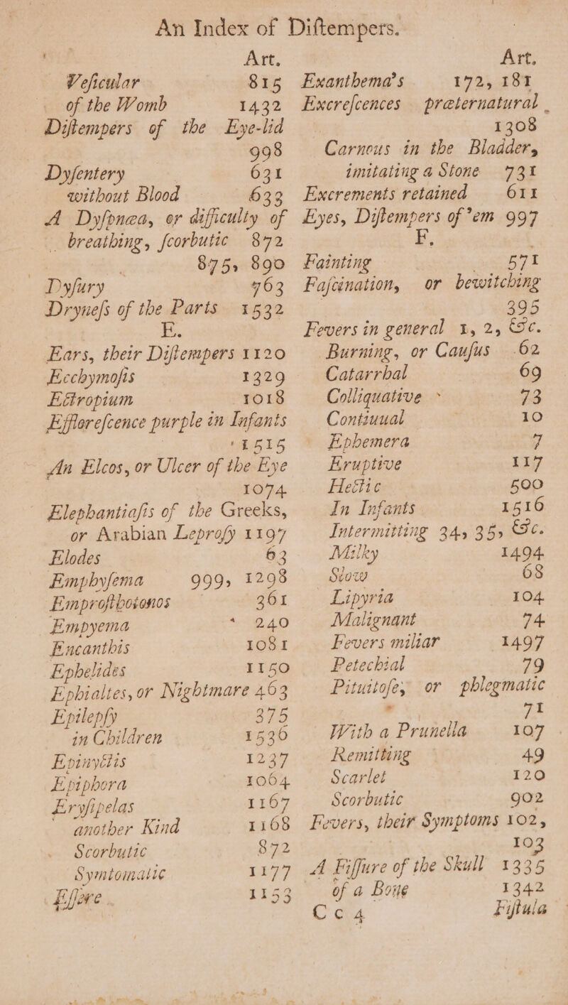 — Weficular 815 of the Womb 1432 Diftempers of the Eye-lid 998 Dyjentery | 631 without Blood 633 A Dyfonea, or difficulty of _ breathing, feorbutic 872 | | 875, 890 Dyfury 763 2537 Drynels of the Parts i. Ears, their Difiempers 1120 Ecchymofis 1329 Ettropium ro18 Ejfflorefcence purple t an Infants ‘E515 An Elcos, or Ulcer of ibe Eye anne — Elephantia/is of the Greeks, or Arabian Leprofy 1 19 7 Elodes 63 Empbyfema 999, 1298 Emprofiboionos 361 _ Empyema “ 240 Encanthis 1081 Ephelides IT50 Ephialtes, or Nightmare 463 Epilepfy 375 in Children 1530 Eninylits 1237 aa ro64 Lryfipelas 1507 anotber Kind 1108 Scorbytic 872 Syston LAPP Efere 1153 Exanthema’s 1735 58% Excrefcences praternatural | 1308 s arnous in the Bladdery imitating a Stone 73% Excrements retained O11 Eyes, Diflempers of ’em 997 P, Fainting 571 Fajcination, or bewitching 395 Fevers in general 1, 2, Se. Burning, or Caufus .62 Catarrbal 69 Colliquative ~ 7.2 Contiuual 10 Ephemera 7 Kruptive 117 Hettic 500 In Infants 1516 Intermitti? UE 2A 35&gt; SC. Mailky 1494. Seow 68 Lipyria 104 Malignant 74. Fevers miltar 1497 Petechial 79 Pituitofey or pblegmatic . t With a Prunella fi Remitting 49 Scarlet 120 Scorbutic go2 Fevers, their Symptoms 102, 103 A Fiffure of the Skull 1335 of a Bone 1342 C' cba fiftule