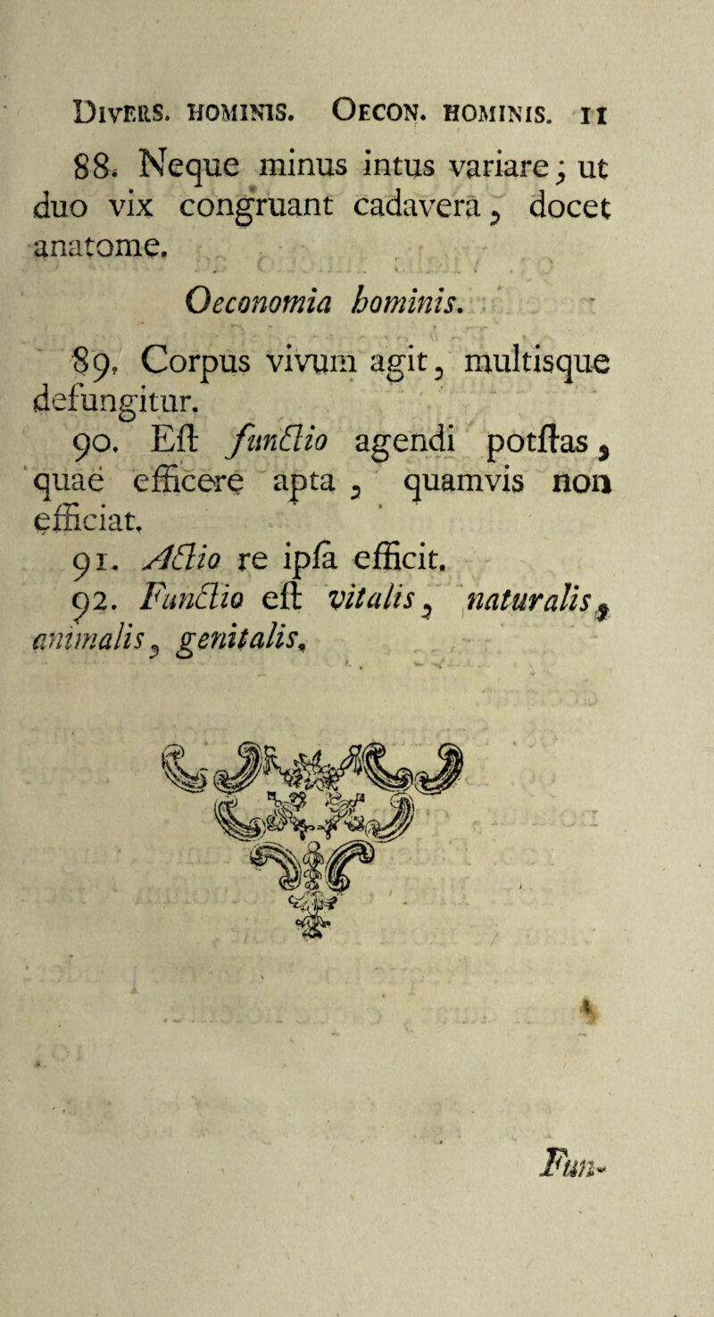 88. Neque minus intus variare; ut duo vix congruant cadavera, docet anatome. ....... 1 1 . : . Oeconomia hominis. 89. Corpus vivum agit, multisque defungitur. 90. Eft fundio agendi potftas3 quae efficere apta , quamvis non efficiat. 91. si dio re ipfa efficit. 02. Fundio eft vitalis, naturalisf animalis, genitalis, t Fun~