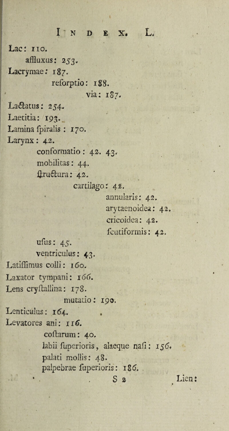 I N D E X. L. Lac: iio. affluxus: 253. Lacrymae: 187. reforptio: 188. via: 187. La&atus: 254. Laetitia: 193. Lamina fpiralis : 170. Larynx: 4.2. conformatio: 42. 43. mobilitas: 44. jjrufiura: 42. cartilago: 42. annularis: 42. arytaenoidea: 42, cricoidea: 42. feutiformis: 42. ufiis: 45. ventriculus: 43. Latifiimus colli: 160. Laxator tympani: 166. Lens cryftallina: 178. mutatio: 190, Lenticulas: 164. Levatores ani: 116. collarum: 40. labii fuperioris, alaeque nafi: 156* palati mollis: 48. palpebrae fuperioris: i$6. Lien: