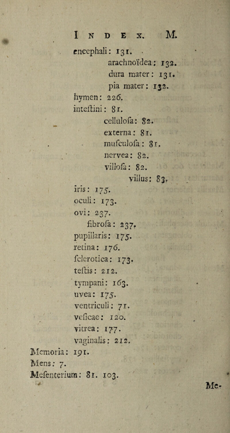 encephali: 131. . arachnoidea; 132. dura mater: 131* pia mater: 132. hymen: 226. inteflini: 8r. cellulofa: 82« externa: 81. mufculofa: 3r. nervea: 82. villofa: 82. villus: 83, iris: 175. oculi: 173. ovi: 237. fibrofa: 237» pupillaris: 175. retina: 176. fclerotica; 173. tefhis: 212. tympani: 163. uvea: 175. ventriculi: 71. veficae: 120. < vitrea: 177. vaginalis: 212. Memoria: 191. Mens; 7. Mefenterium: 8r. 103. Me-