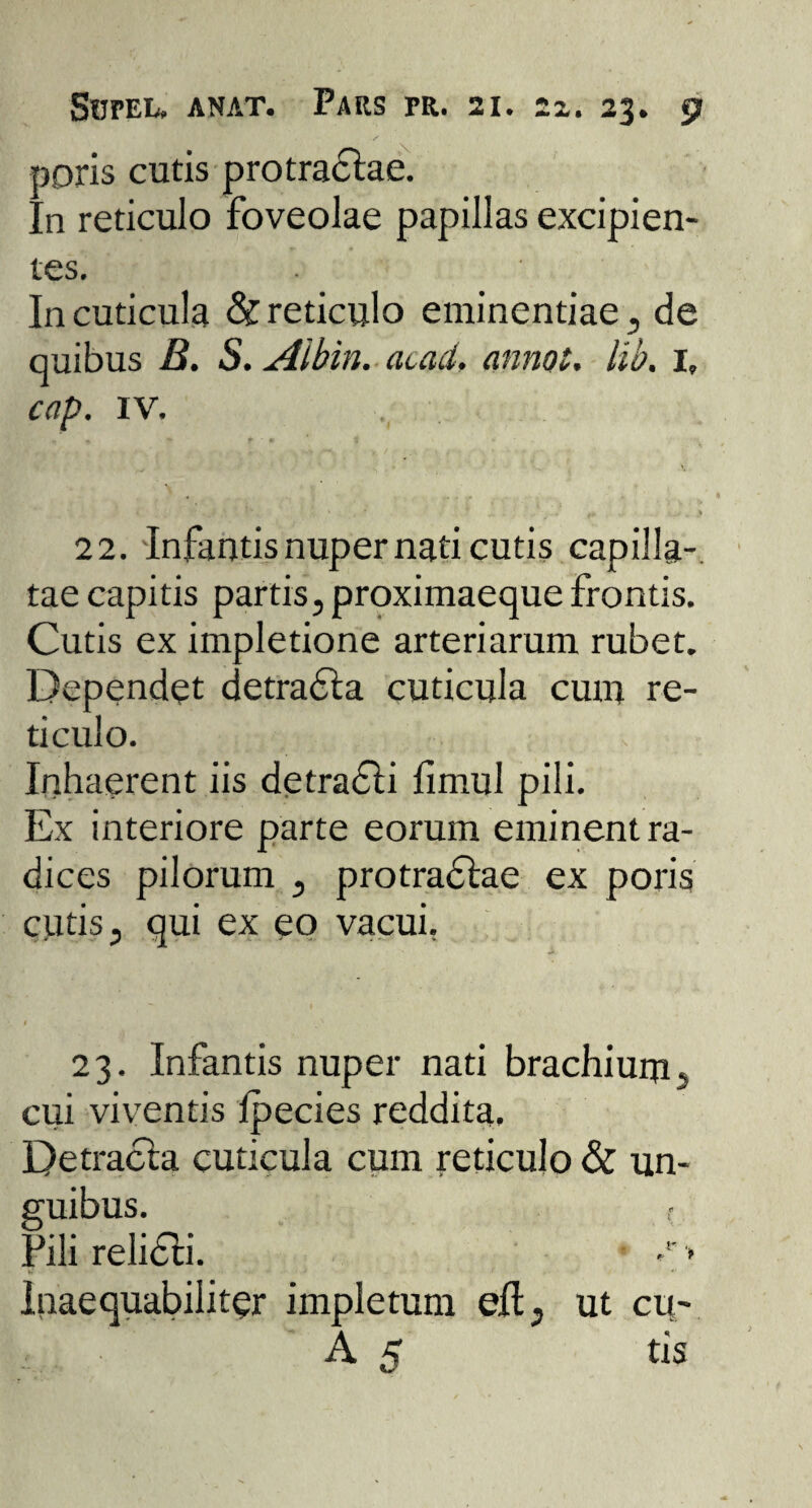 ioris cutis protradtae. [,n reticulo foveolae papillas excipien¬ tes. In cuticula & reticulo eminentiae , de quibus B. S. Albin. acad, annot. lib, I, cap. IV. 22. Infantis nuper nati cutis capilla¬ tae capitis partis, proximaeque frontis. Cutis ex impletione arteriarum rubet. _ . Dependet detradla cuticula cum re¬ ticulo. Inhaerent iis detradli fimul pili. Ex interiore parte eorum eminent ra¬ dices pilorum , protradlae ex poris cutis, qui ex eo vacui. 23. Infantis nuper nati brachium> cui viventis Ipecies reddita. Detracta cuticula cum reticulo & un¬ guibus. Pili relidli. > Inaequabiliter impletum efl, ut cu- A 5 tis