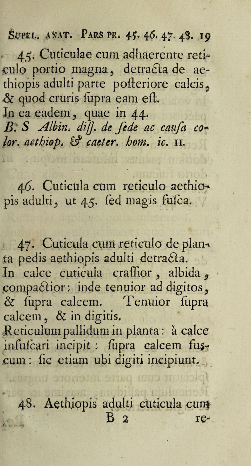 * 45- Cuticulae cum adhaerente reti¬ culo portio magna, detradia de ae- thiopis adulti parte poileriore calcis, & quod cruris iupra eam e it. In ea eadem, quae in 44. B. S Albin. di/], de fede ac caufa co¬ lor. aetbiop. 6? caeter. hom. ic. 11. * • • t 3. ' j ) 46. Cuticula cum reticulo aethio- pis adulti, ut 45. fed magis fuica. 47. Cuticula cum reticulo de plan^ ta pedis aethiopis adulti detradla. In calce cuticula craffior, albida, compadtior; inde tenuior ad digitos, & iupra calcem. Tenuior iupra calcem, & in digitis. Reticulum pallidum in planta: k calce infuicari incipit : iupra calcem fus¬ cum : iic etiam ubi digiti incipiunt. f i » N... • *. 4 „ _ » v . ^ ' X. 48, Aethiopis adulti cuticula cun$ B 2 re-