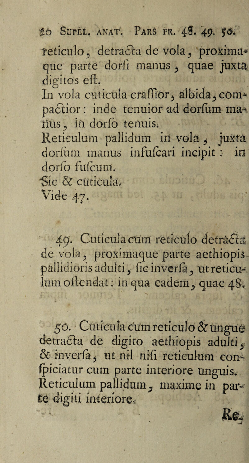 reticulo, detradta de vola, proxima* que parte dorii manus , quae juxta digitos eft. In vola cuticula craffior, albida, com* padtior: inde tenuior ad dorium ma¬ rius 5 ifi dorio tenuis. Reticulum pallidum in vola i juxta dorium manus infuicari incipit: in dorib fufcum. Sic & cuticula. Vide 47. 49. Cuticula cum reticulo detracta, de vola, proximaque parte aethiopis pallidioris adulti, fic inveria, ut reticu¬ lum oilendat: in qua eadem, quae 48. 50. Cuticula cum reticulo & ungue detracta de digito aethiopis adulti, & inveria, ut nil nifi reticulum con- fpiciatur cum parte interiore unguis. Reticulum pallidum, maxime in par¬ te digiti interiore.