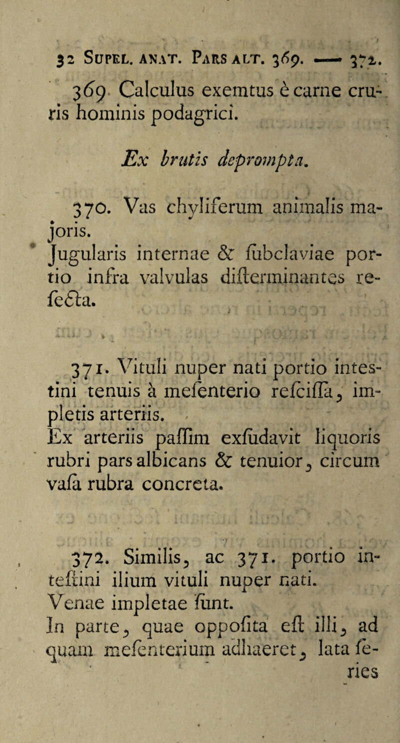 32 SuPEL. ANAT. P ARS A ET. 3<5$>. — 371. 369 Calculus exemtus e carne cru¬ ris hominis podagrici. Ex brutis deprompta. 370. Vas chyliferum animalis ma¬ joris. Jugularis internae & fubclaviae por¬ tio infra valvulas difterminantes re- fefta. 371. Vituli nuper nati portio intes¬ tini tenuis k melenterio refcifla, im¬ pletis arteriis. - Ex arteriis paffim exfiidavit liquoris rubri pars albicans & tenuior, circum vafa rubra concreta. 372. Similis, ac 371. portio in- teftini ilium vituli nuper nati. Venae impletae funt. In parte, quae oppofita efl illi, ad quam mefenterium adhaeret, lata fe¬ ries