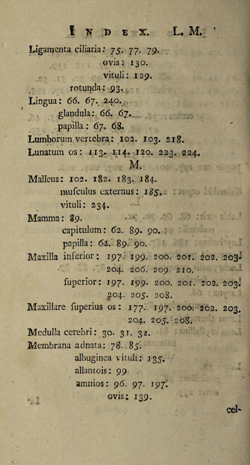 I K D Ligamenta ciliaria: 75. 77. 79, ovis: 130. vituli: 129. rotunda: $3. Lingua: 66. 67. 240. > glandula: 66. 67. _ , papilla: 67. 68. Lumborum vertebra: 102. 103. 218. tt v 4 * Lunatum os: 113. ¥4i 120. 223. 224. ‘ M.’ Malleus: 102. 182. 183. 184. mufculus externus: 185. vituli: 234. Mamma: 89. * * capitulum: 62. 89. 90. papilla: 62. 89. 90. Maxilla inferior; 197; 199. 200. 2or. 202. 203^ . 204. 206. 209. 210. fuperior: 197. 199. 200. 201. 202. 203J 204. 205. 208. Maxillare fuperius os: 177. 197. 200. 202. 203. 204. 205. 208. Medulla cerebri: 30. 3T. 32. Membrana adnata: 78. 85. albuginea vituli: 135. allantois: 99. amnios: 96. 97. 197. ovis; 139. * JL - cdb