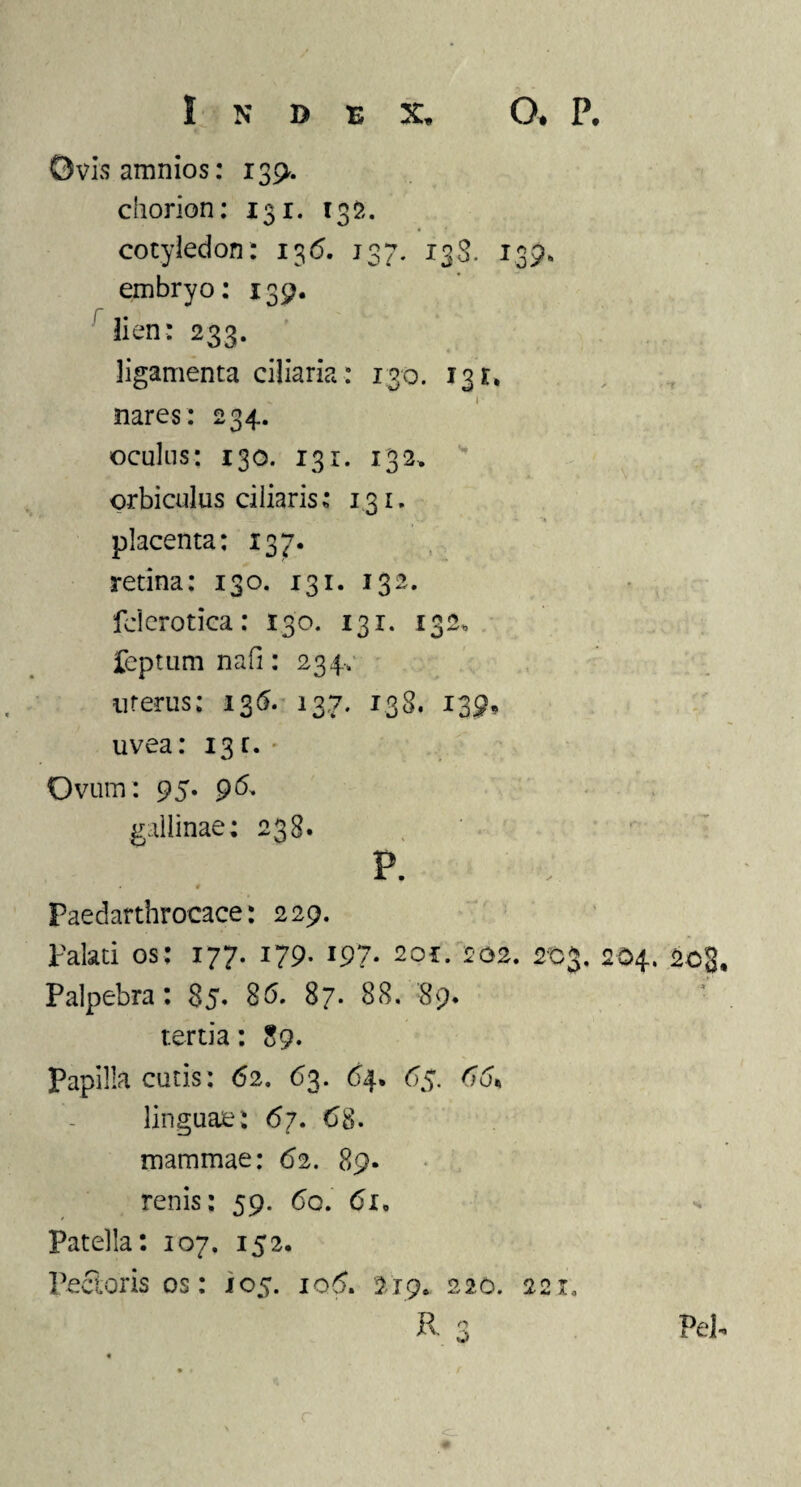 Qvisamnios: 139. chorion: 131. 132. cotyledon: 136. 137. 13S. 13 9. embryo: 139. lien: 233. ligamenta ciliaria: 130. 131. nares: 234. oculus: 130. 131. 132, orbiculus ciliaris: 131. placenta: 137. retina: 130. 131. 132. fcl erotica: 130. 131. 132, leptum na fi: 234. uterus; 136. 137. 138. 139* uvea: 13 r. Ovum: 95. 96, gallinae: 238. p. # Paedarthrocace: 229. Palati os: 177. 179* 197* 201. 202. 203. 2 04. 203, Palpebra: 85. 86. 87. 88. 89. tertia: 89. Papilla cutis: 62. 63. 64. 65. 66% linguae: 67. 68. mammae: 62. 89. renis: 59. 6o. Patella: 107. 152. Pectoris os: 105. io5. 219. 220. 221, R 3 PeP r