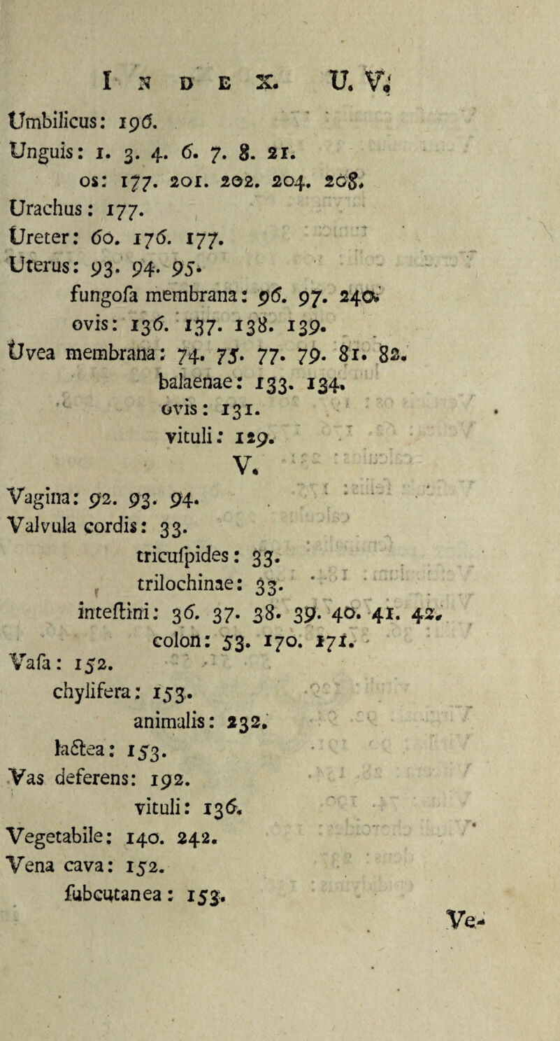 Umbilicus: 196. Unguis: 1. 3. 4. 6. 7. 8. 21. os: 177. 201. 202. 204. 2G$. Urachus: 177. Ureter: 60. 176. 177. Uterus: 93. 94. 95. fungofa membrana: 96. 97. 240»' ovis: 136. 137. 138. 139. Uvea membrana: 74. 75. 77. 79. 81. 82. balaenae: 133. 134. ovis: 131. vituli: 129. V* r c * ~ m f Vagina: 92. 93. 94. Valvula cordis: 33. tricufpides: 33. trilochinae: 33. * ,J *4 “ ' inteflini: 36. 37. 38. 39. 40. 41. 42, colon: 53. 170. 171. * Vafa: 152. chylifera: 153. animalis: 232. laftea: 153. Vas deferens: 192. vituli: 13 & Vegetabile: 140. 242. Vena cava: 152. fubcutanea: 153.